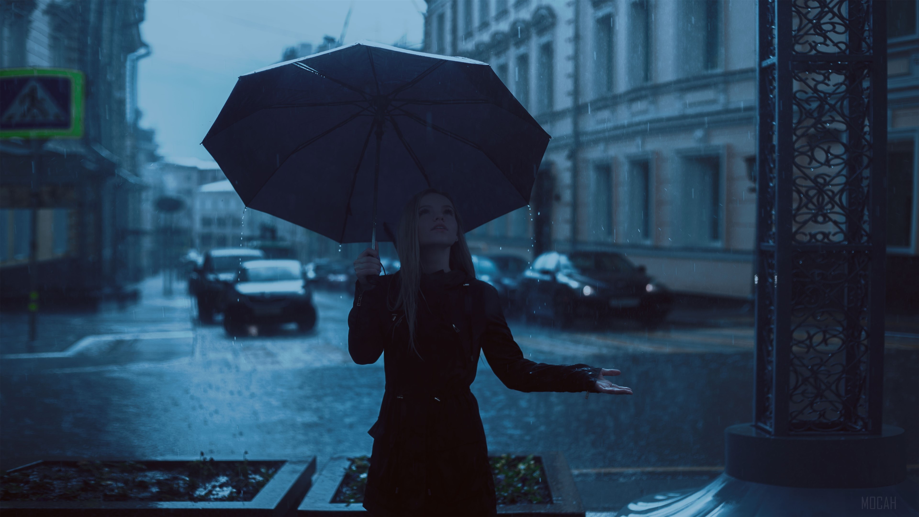 Girl with umbrella enjoying rain in city 4K HD Wallpaper
