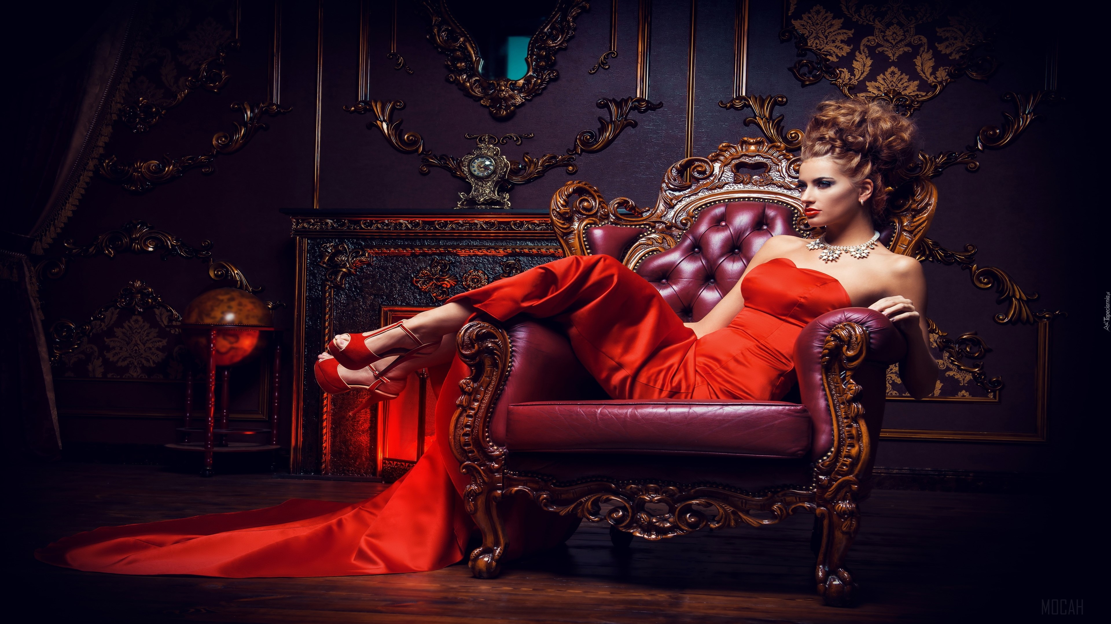 Woman in red dress sitting on a luxurious chair HD Wallpaper