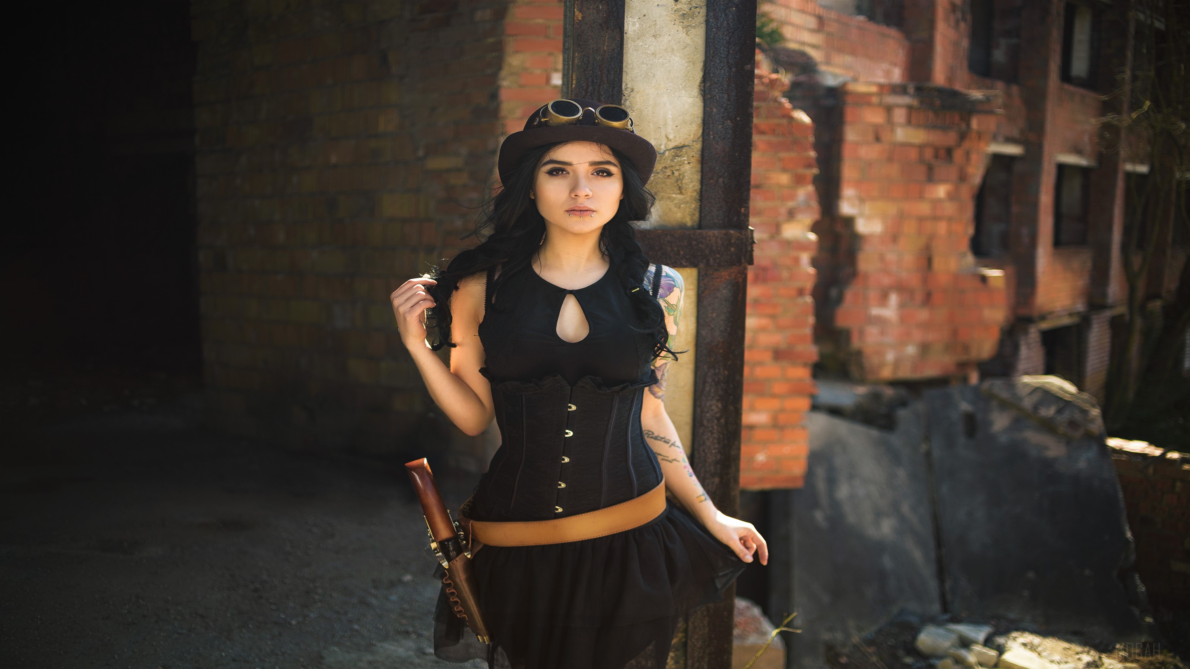 Girl in Steampunk Outfit with Tattoos HD Wallpaper