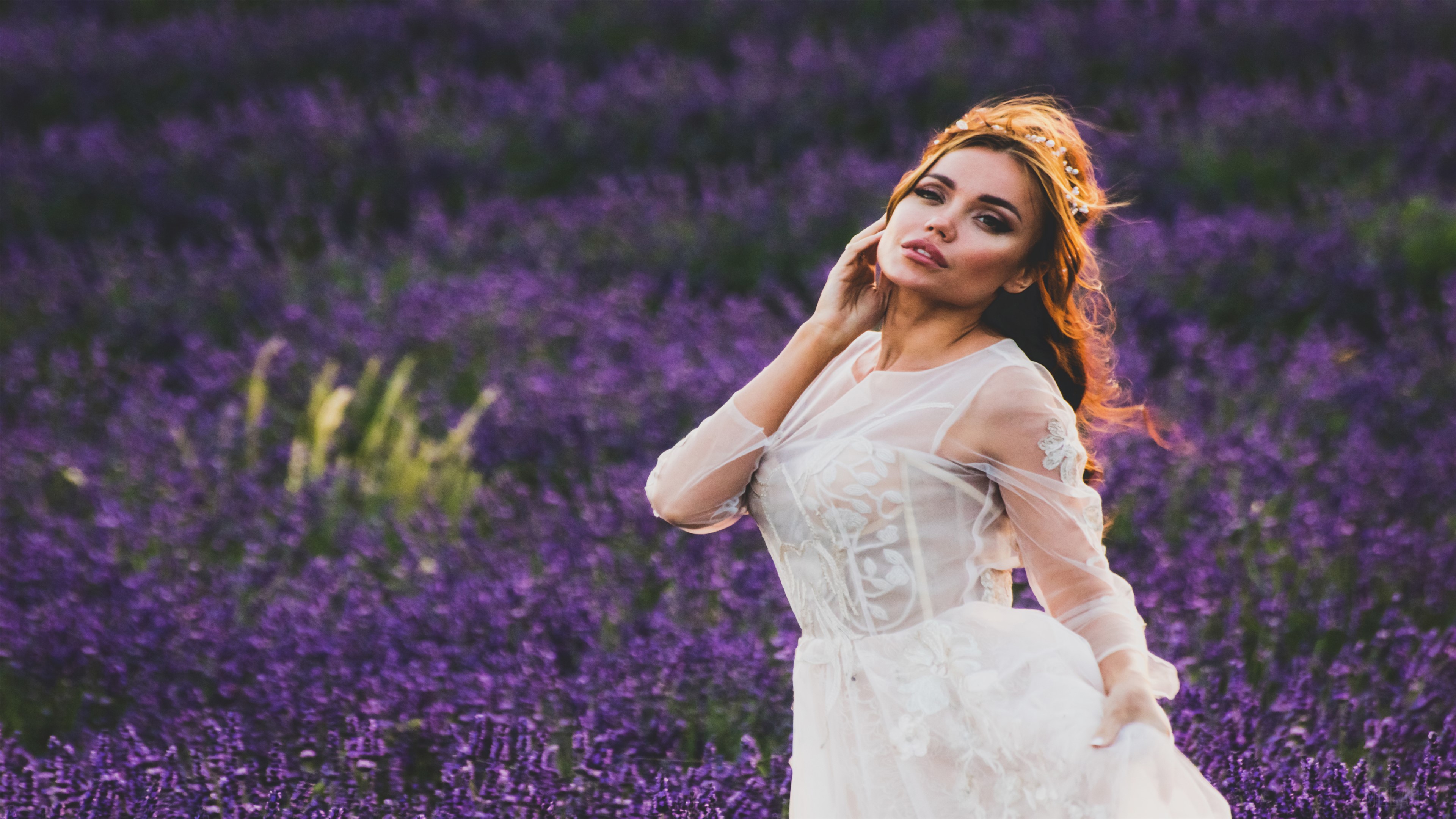 Woman in white dress in lavender field 4K HD Wallpaper