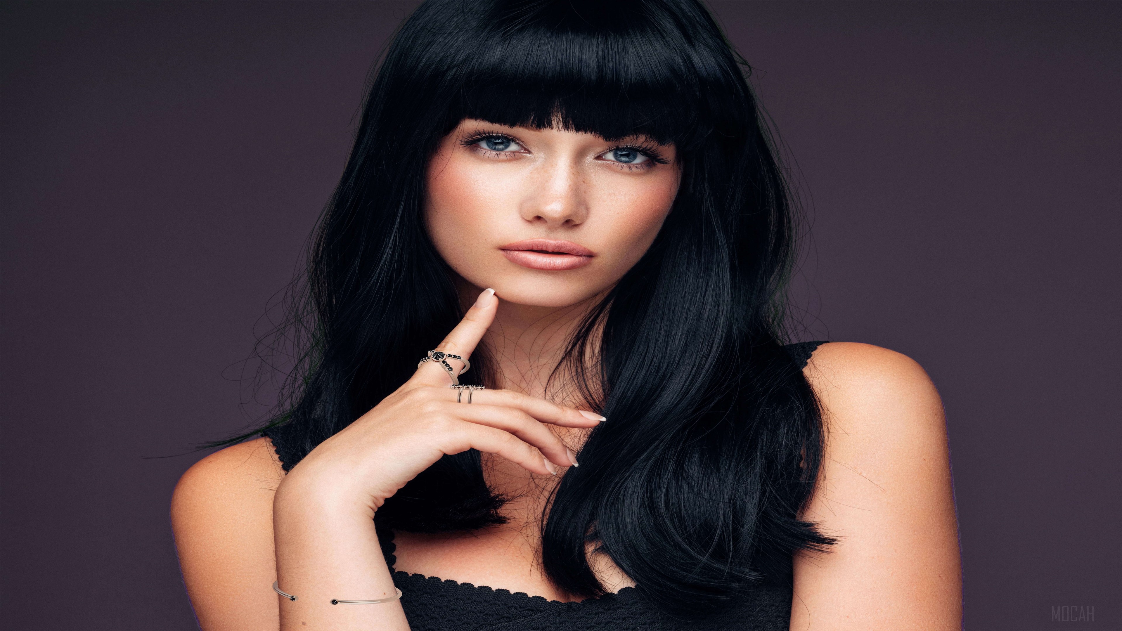 Model with black hair and bangs HD Wallpaper