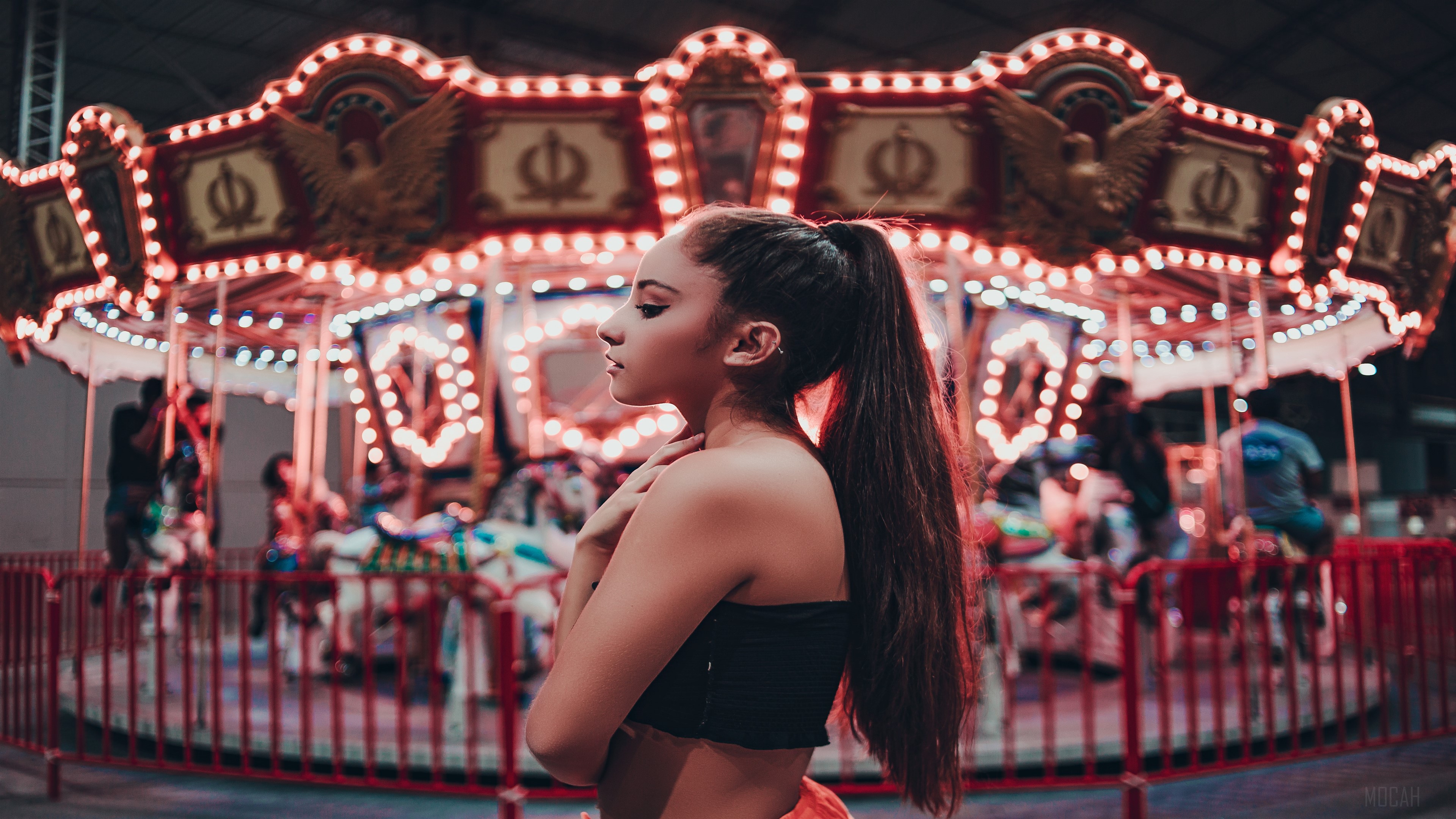 Girl at Amusement Park Carousel 4K HD Wallpaper
