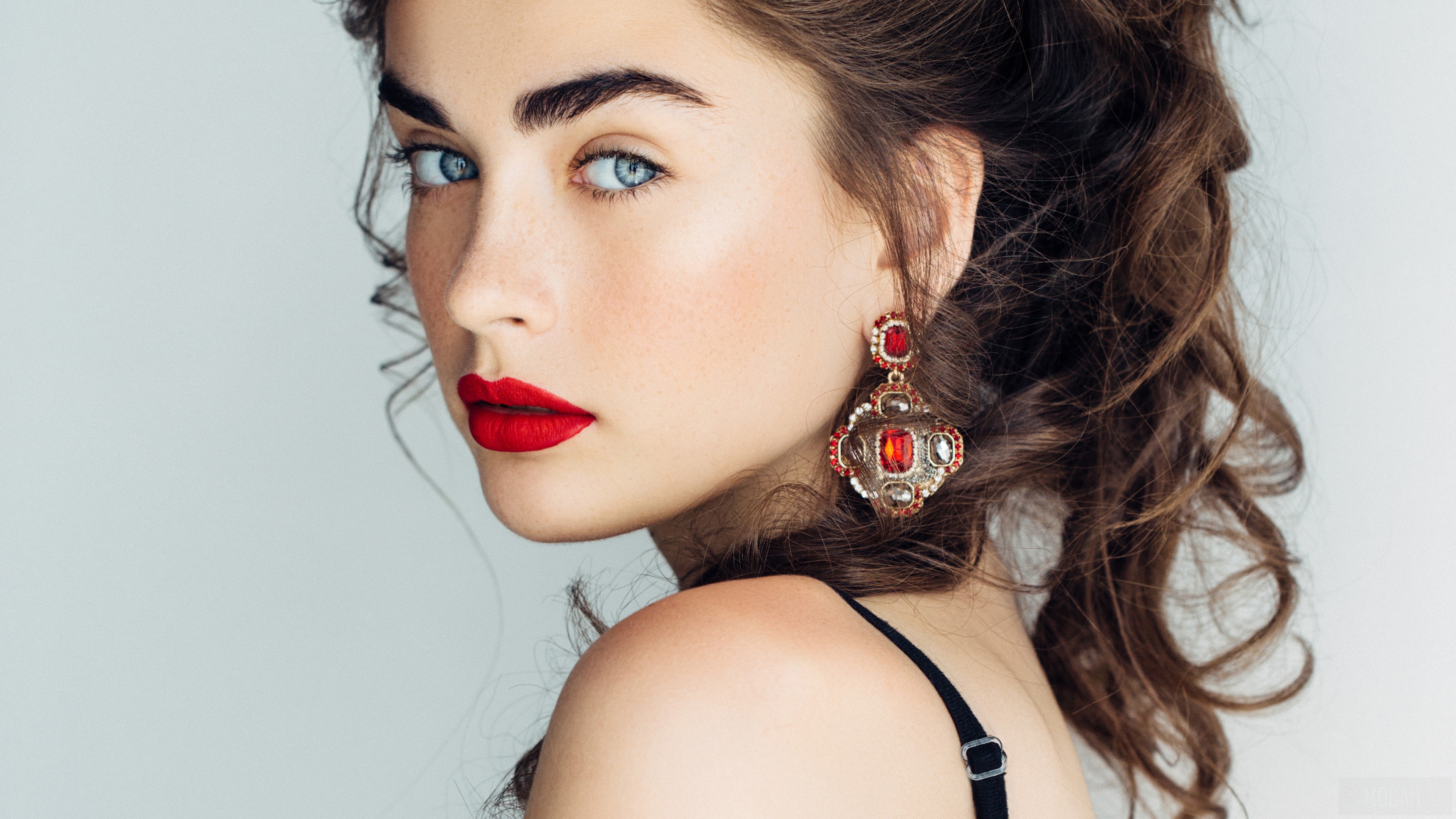 Model with Blue Eyes and Red Lipstick HD Wallpaper