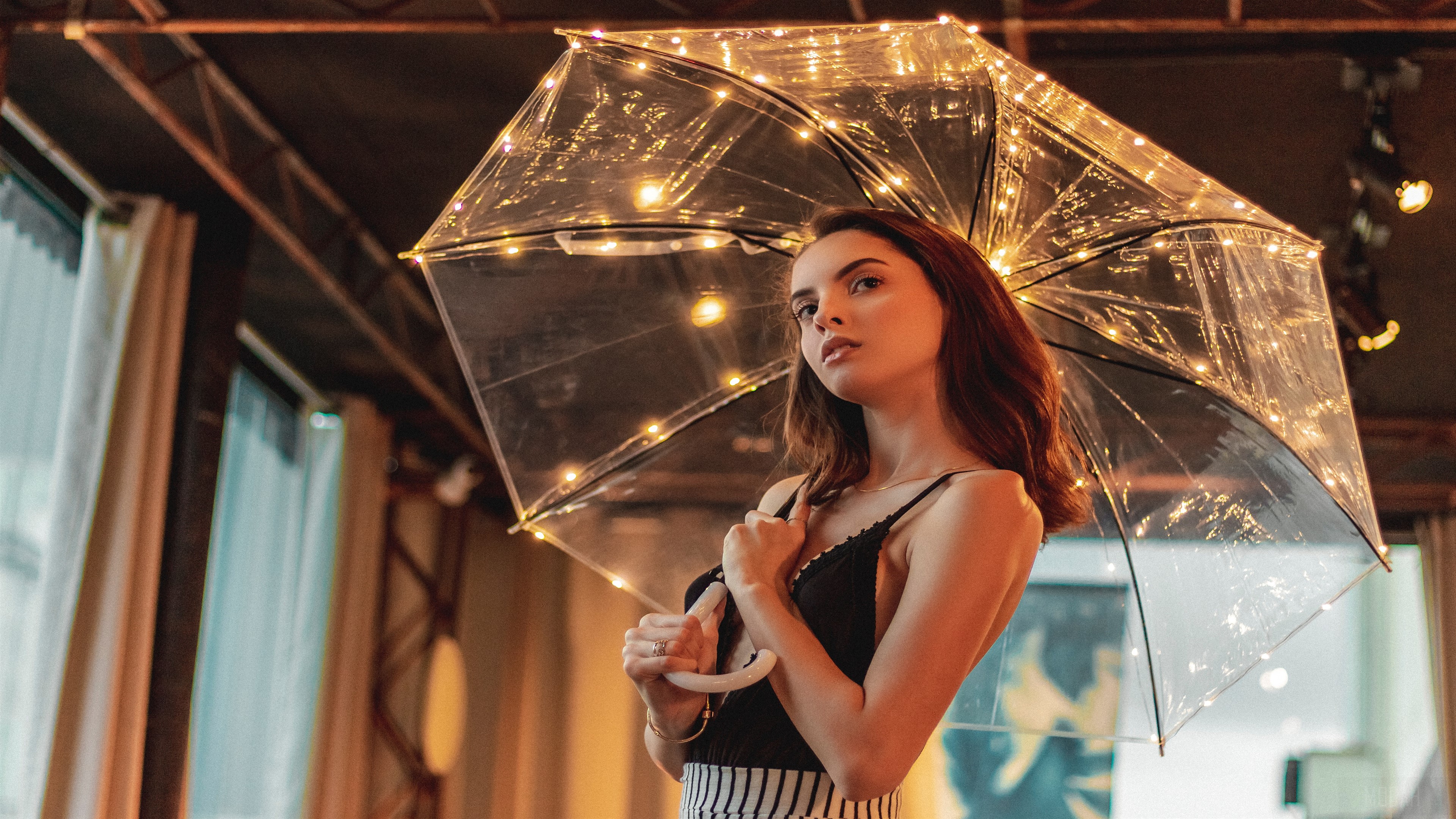 Girl Holding Lighted Umbrella 4K HD Wallpaper