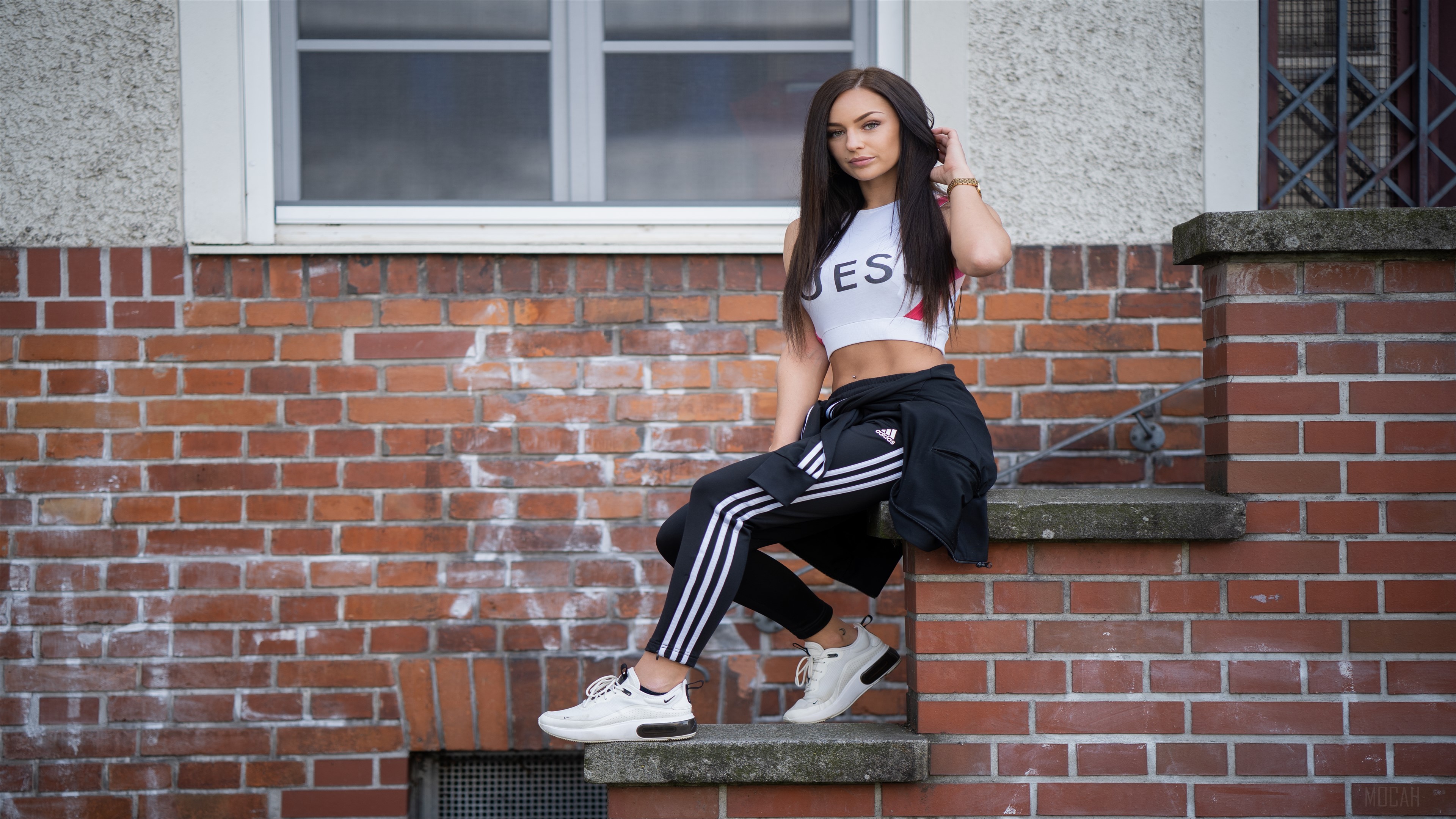 Pretty Girl in Adidas Sitting on Brick Stairs 4K HD Wallpaper