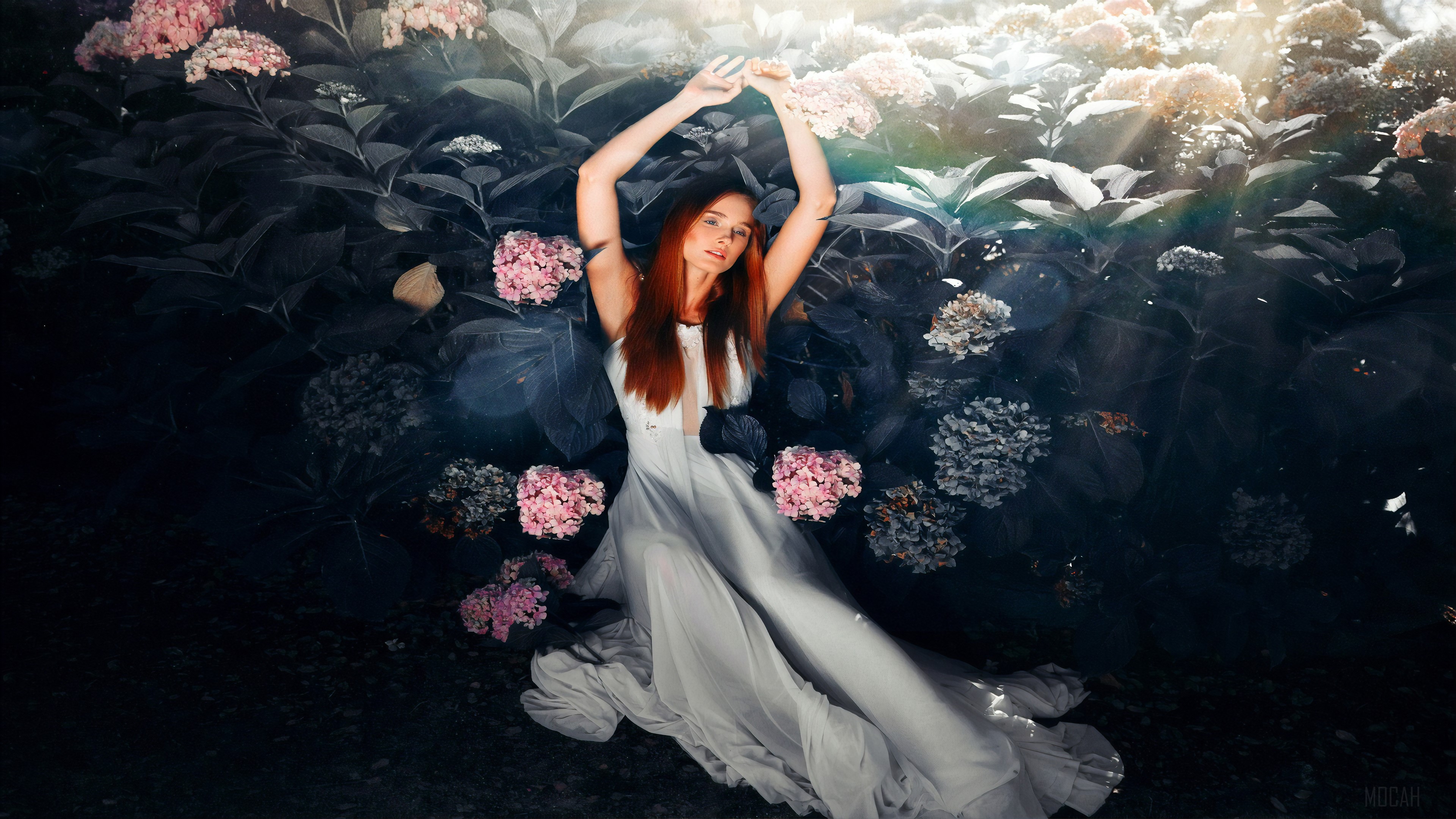Red Head Woman in White Dress Among Hydrangeas 4K HD Wallpaper