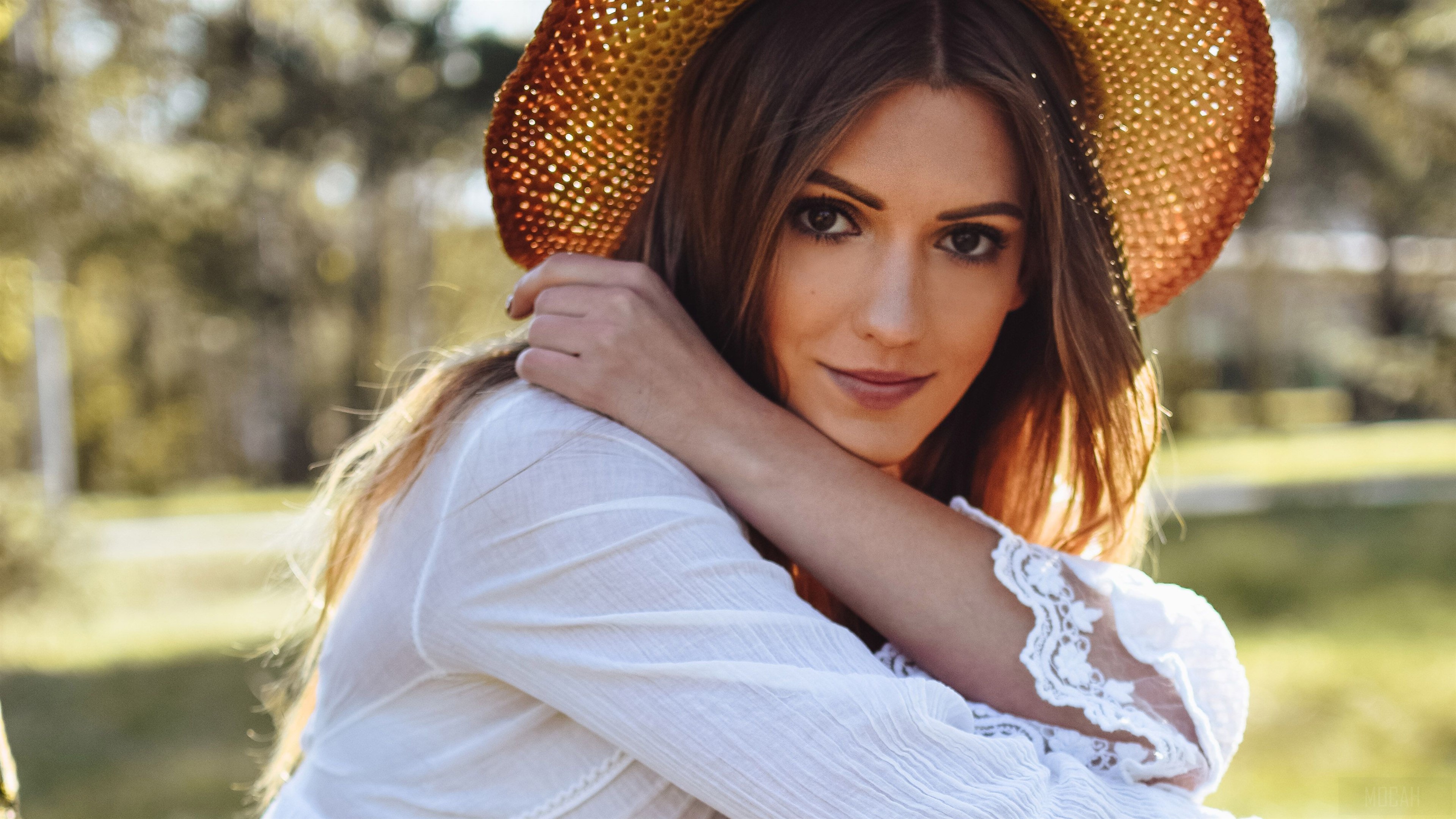 Girl Wearing Straw Hat Outdoors 4K HD Wallpaper