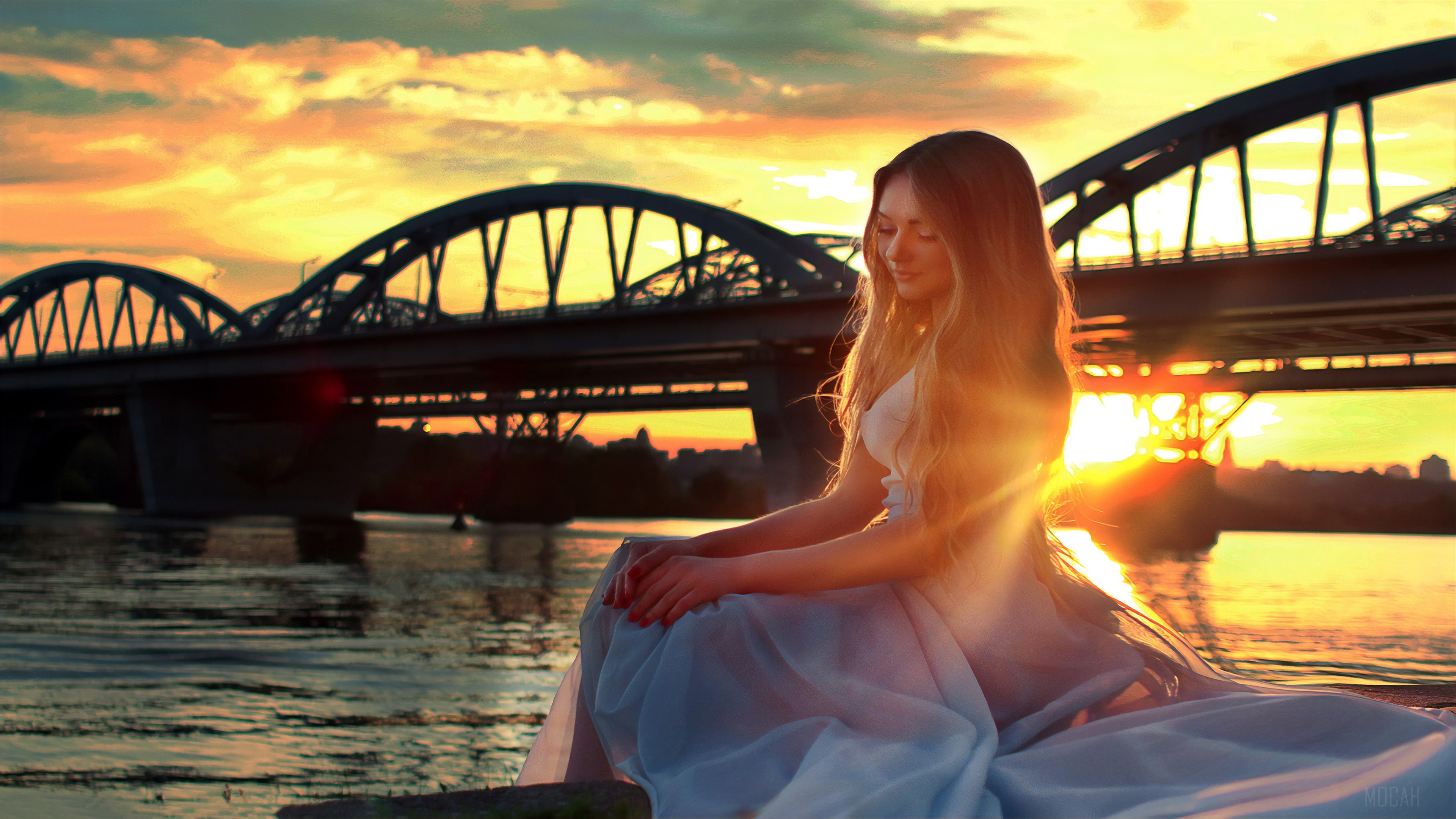 Girl sitting on bridge side at sunset 4K HD Wallpaper