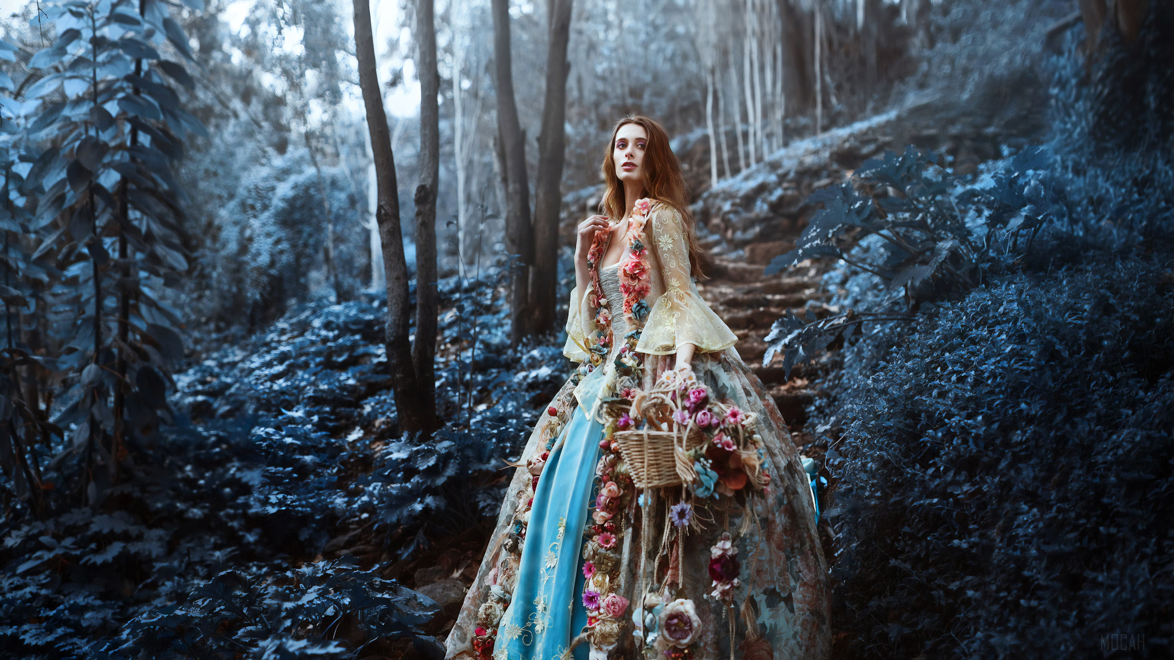Flower Girl with Basket in Forest 4K HD Wallpaper