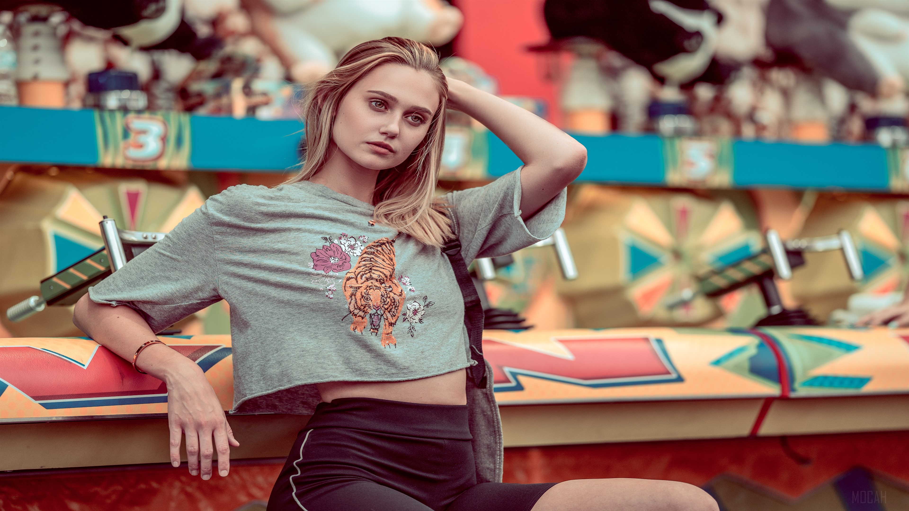 Blonde Girl with Tiger Shirt at Amusement Park 4K HD Wallpaper