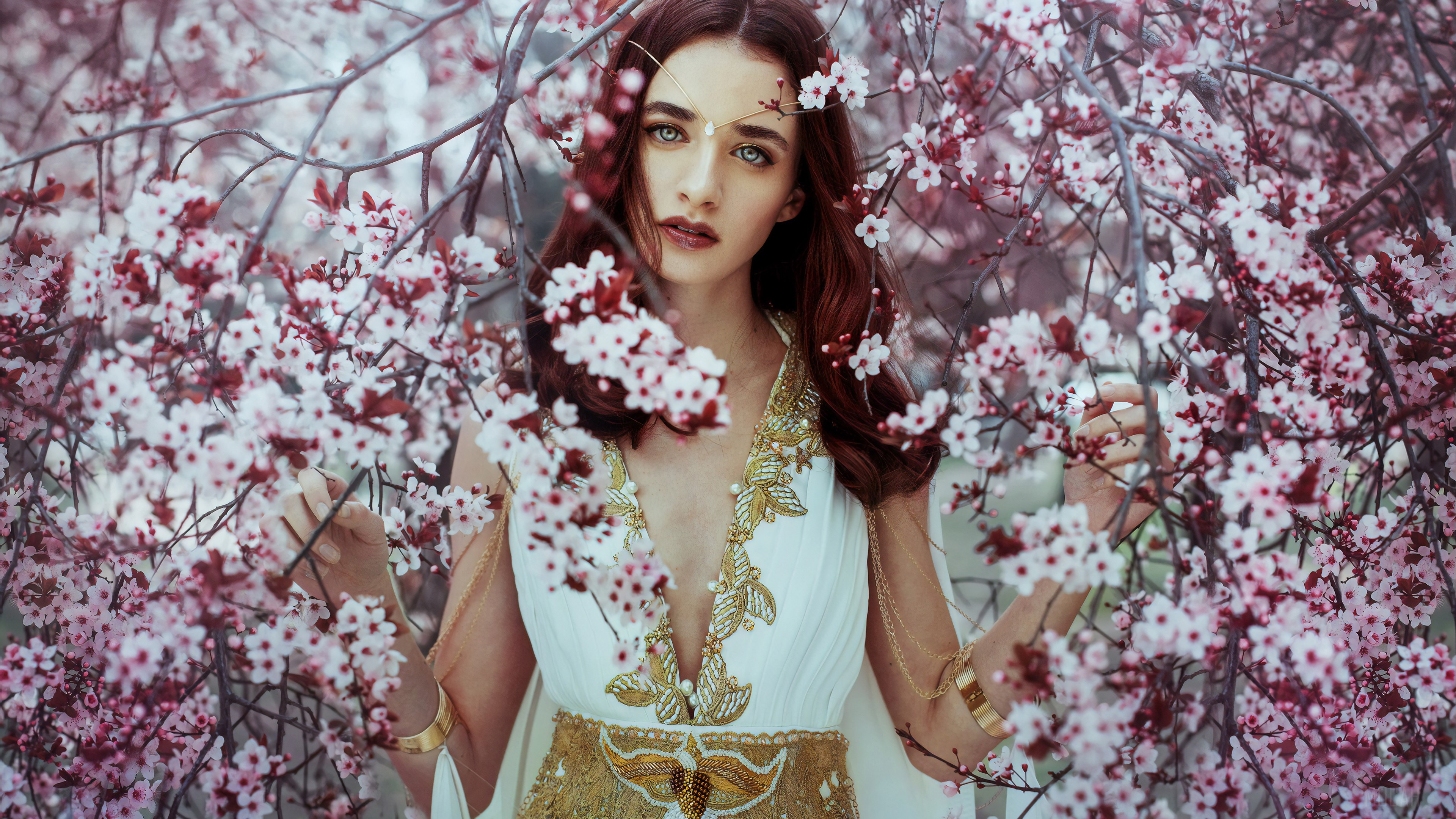 Woman in white and gold dress surrounded by pink blossoms HD Wallpaper