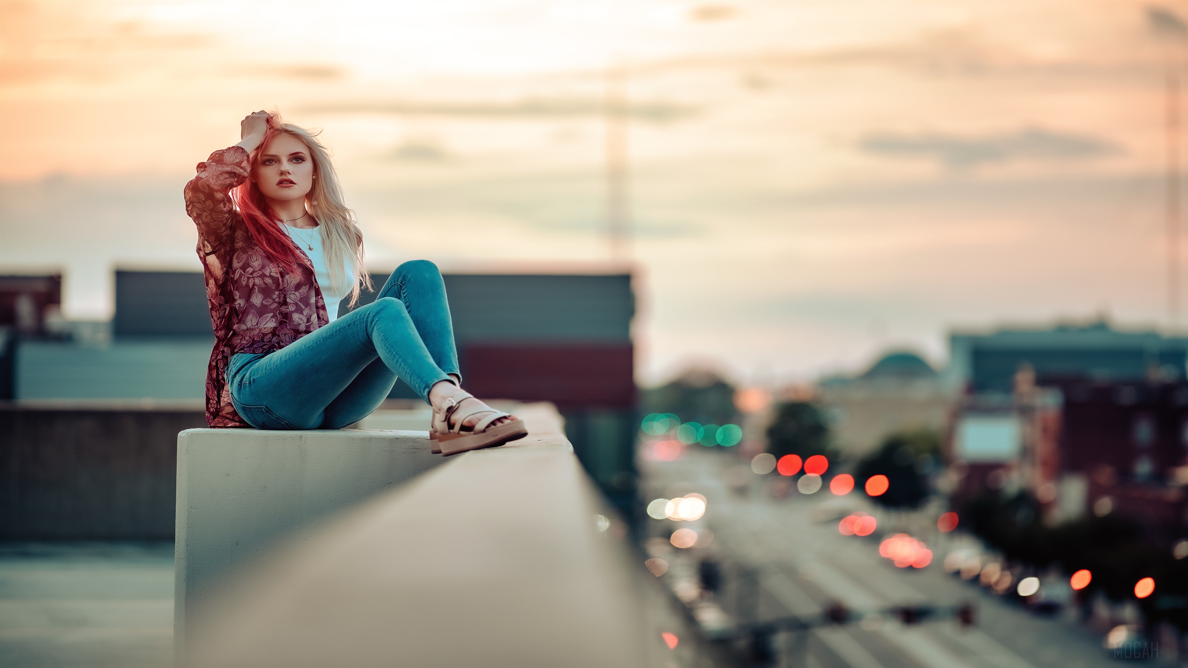 Blonde girl on a rooftop at sunset HD Wallpaper