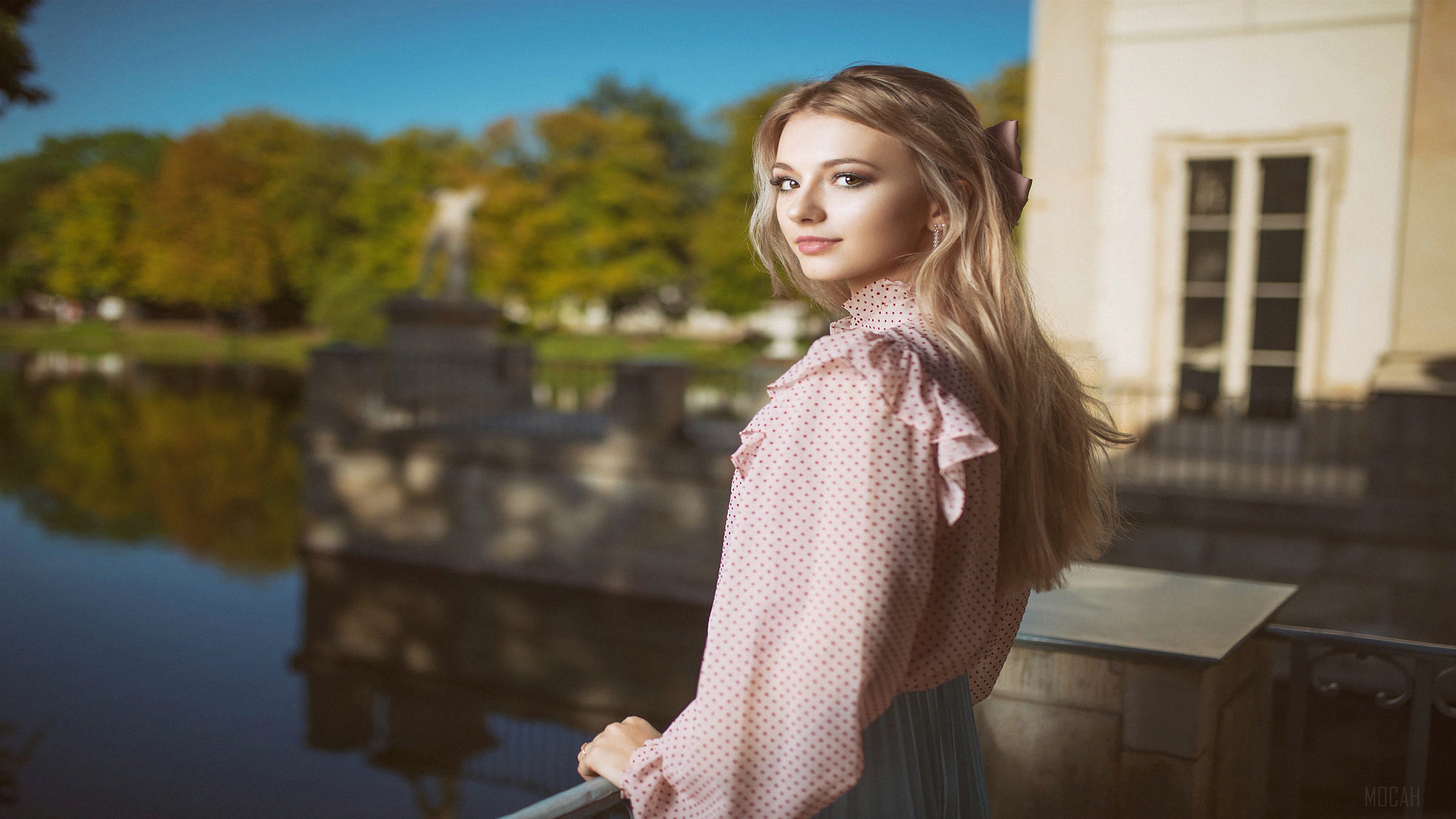 Beautiful Blonde Woman in Pink Blouse HD Wallpaper