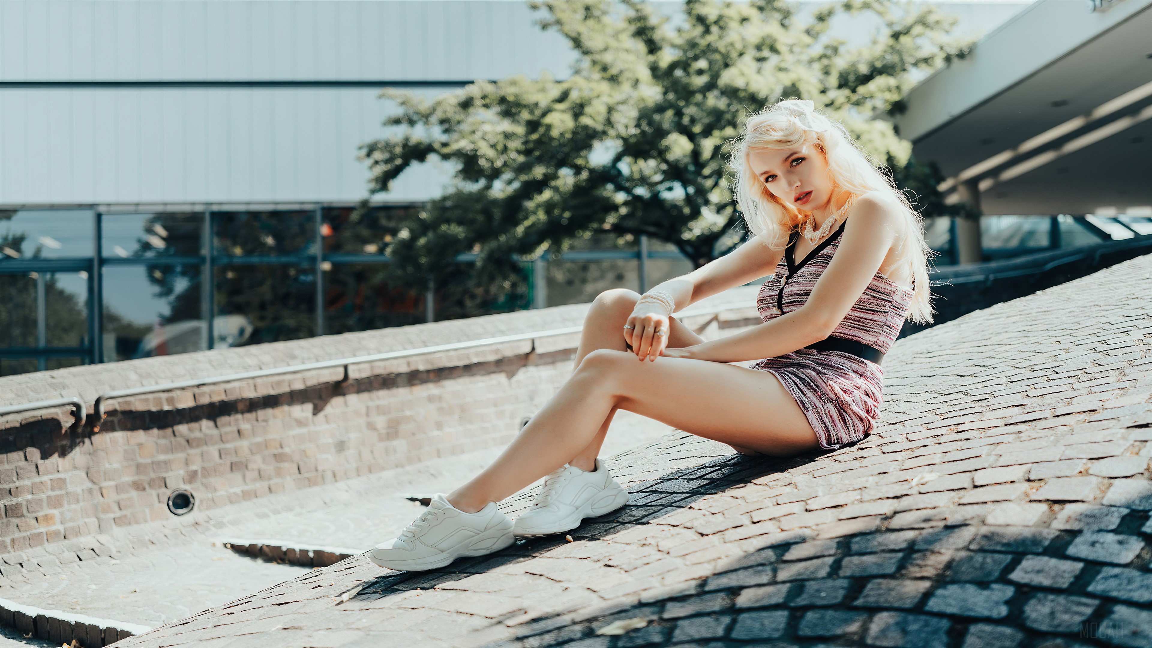 Blonde Hair Model Posing Outdoors 4K HD Wallpaper