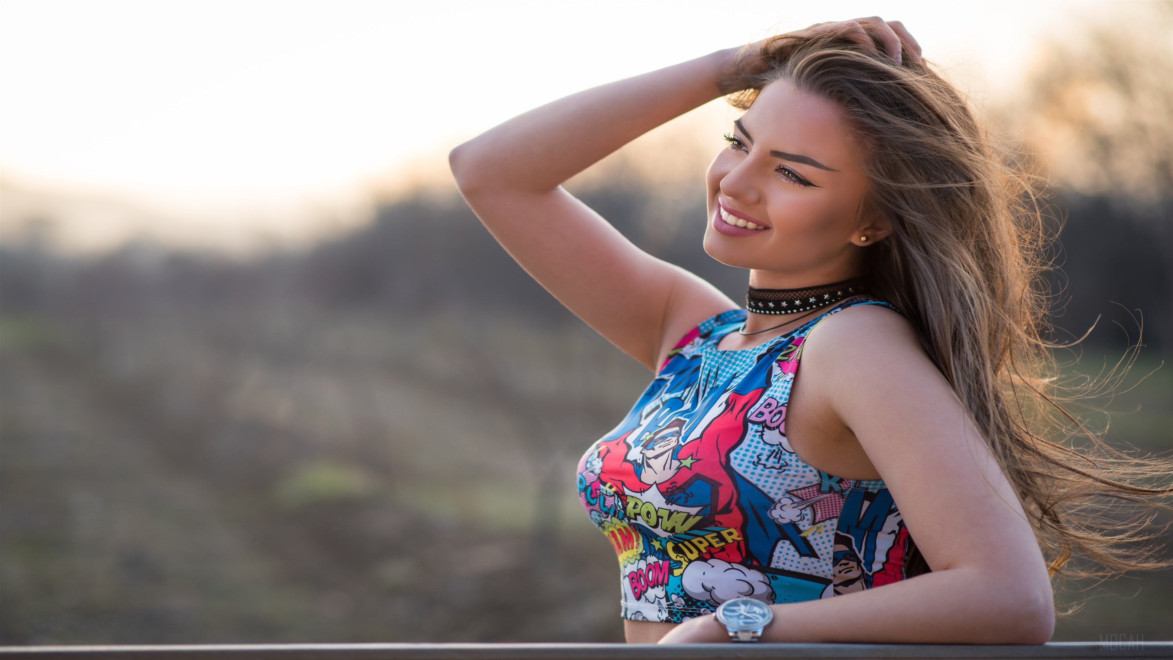Smiling Girl with Hands in Hair 4K HD Wallpaper