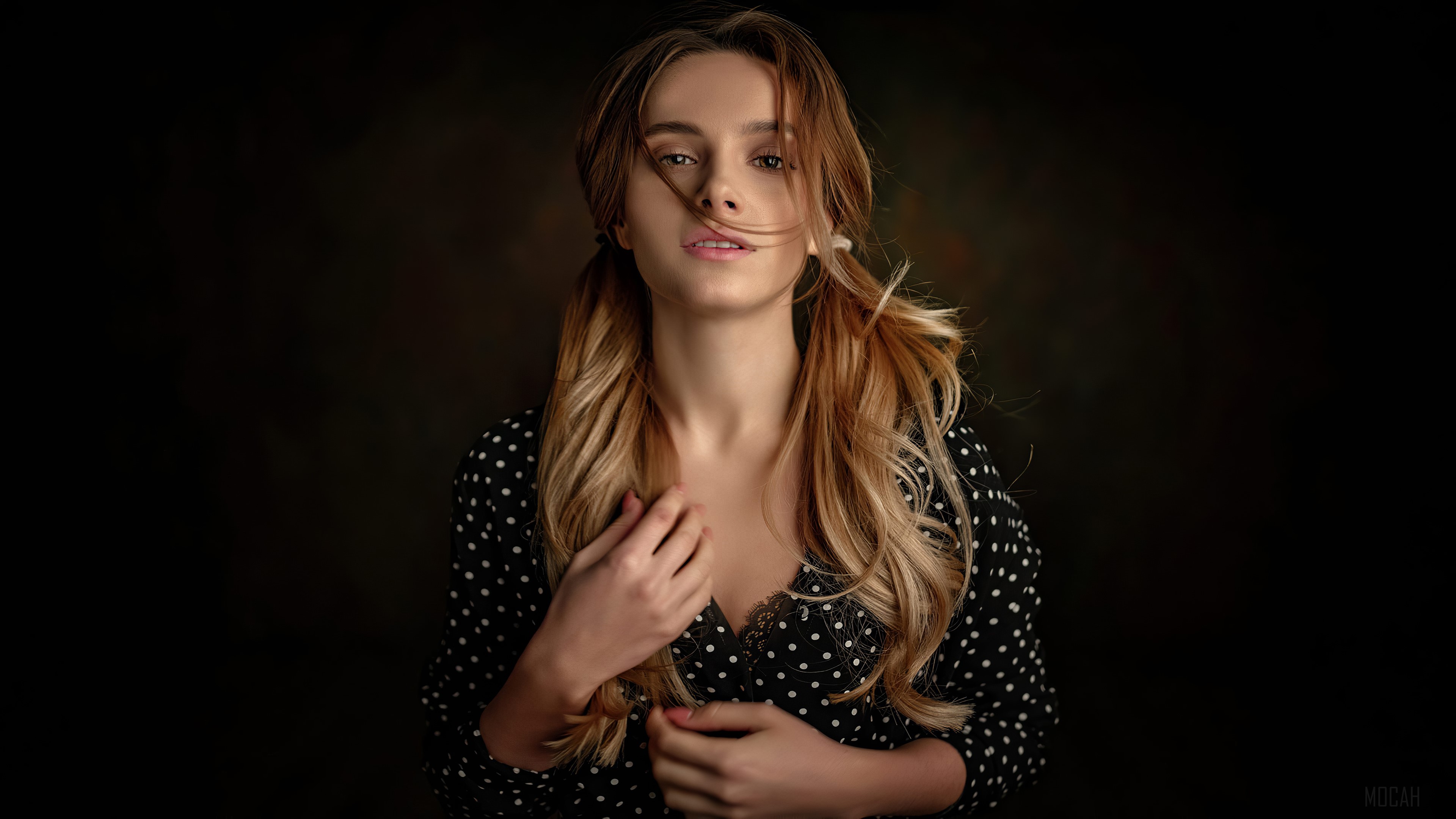 Girl with pigtails in a black polka dot dress HD Wallpaper