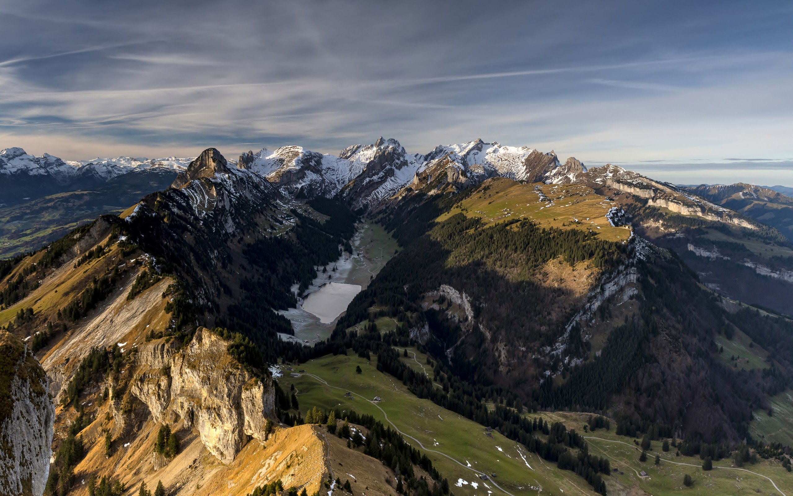 Mountain landscape with lake and snow-capped peaks HD Wallpaper