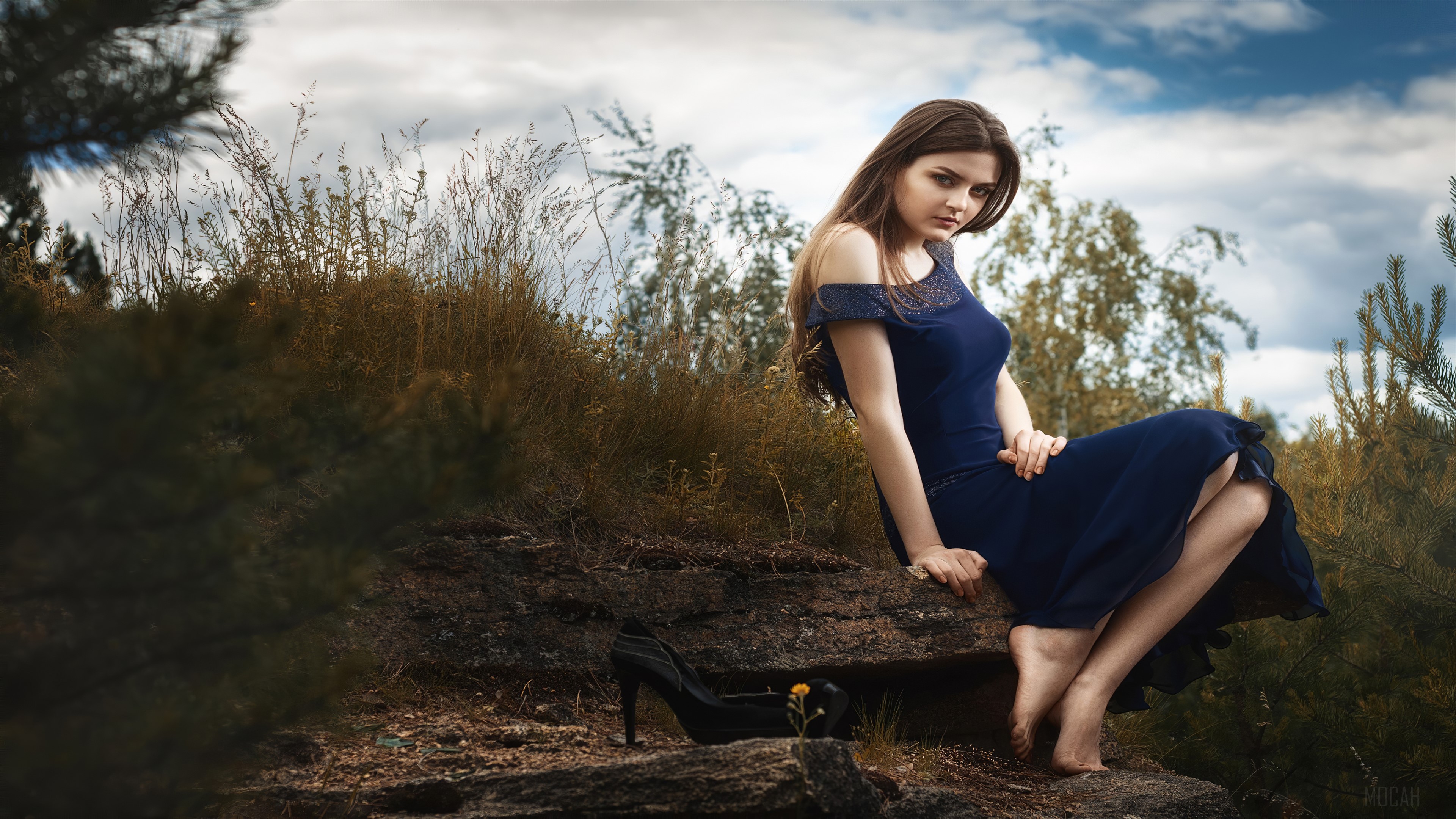 Girl in Blue Dress in Nature 4K HD Wallpaper