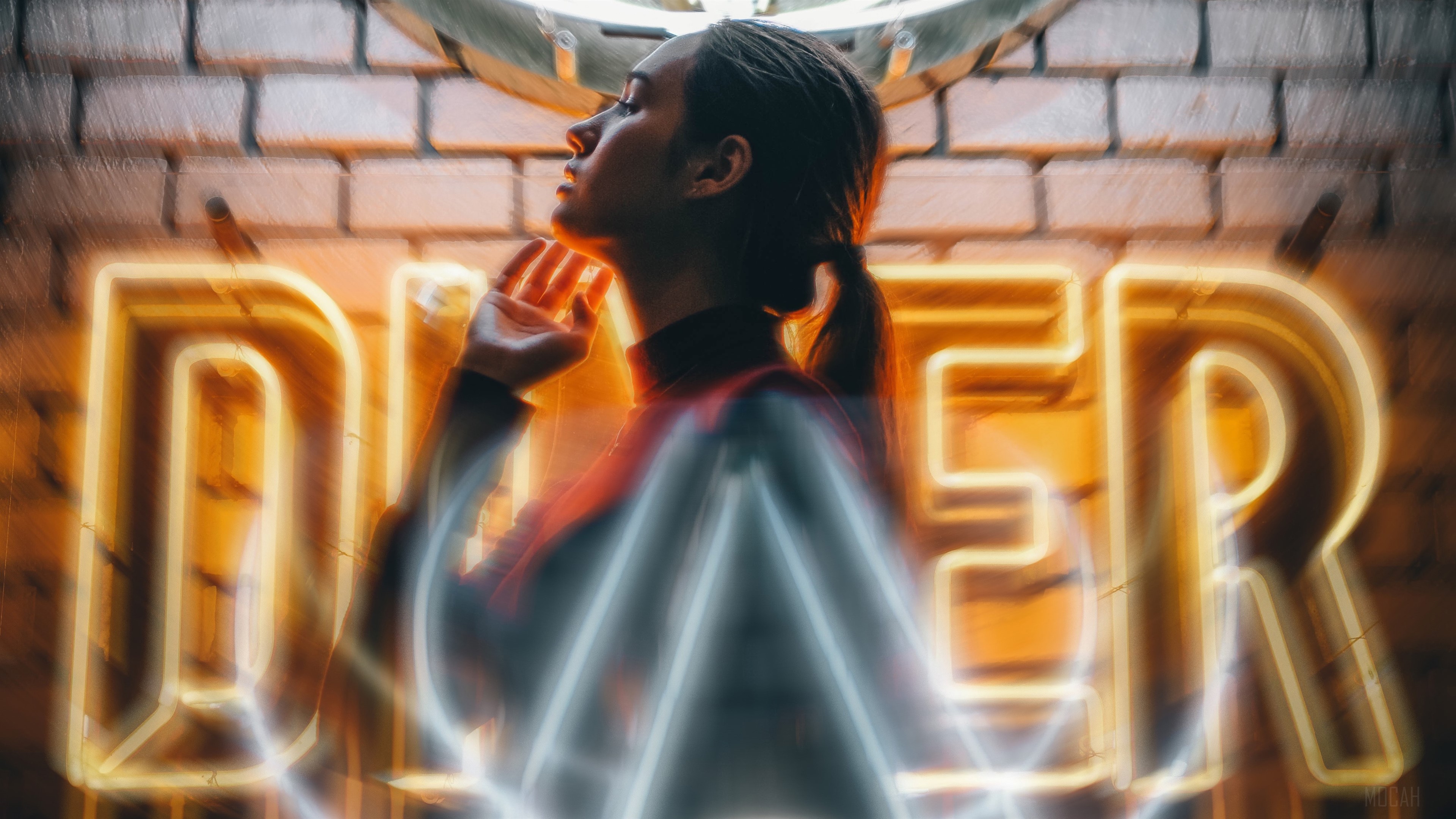 Girl in front of neon diner sign HD Wallpaper