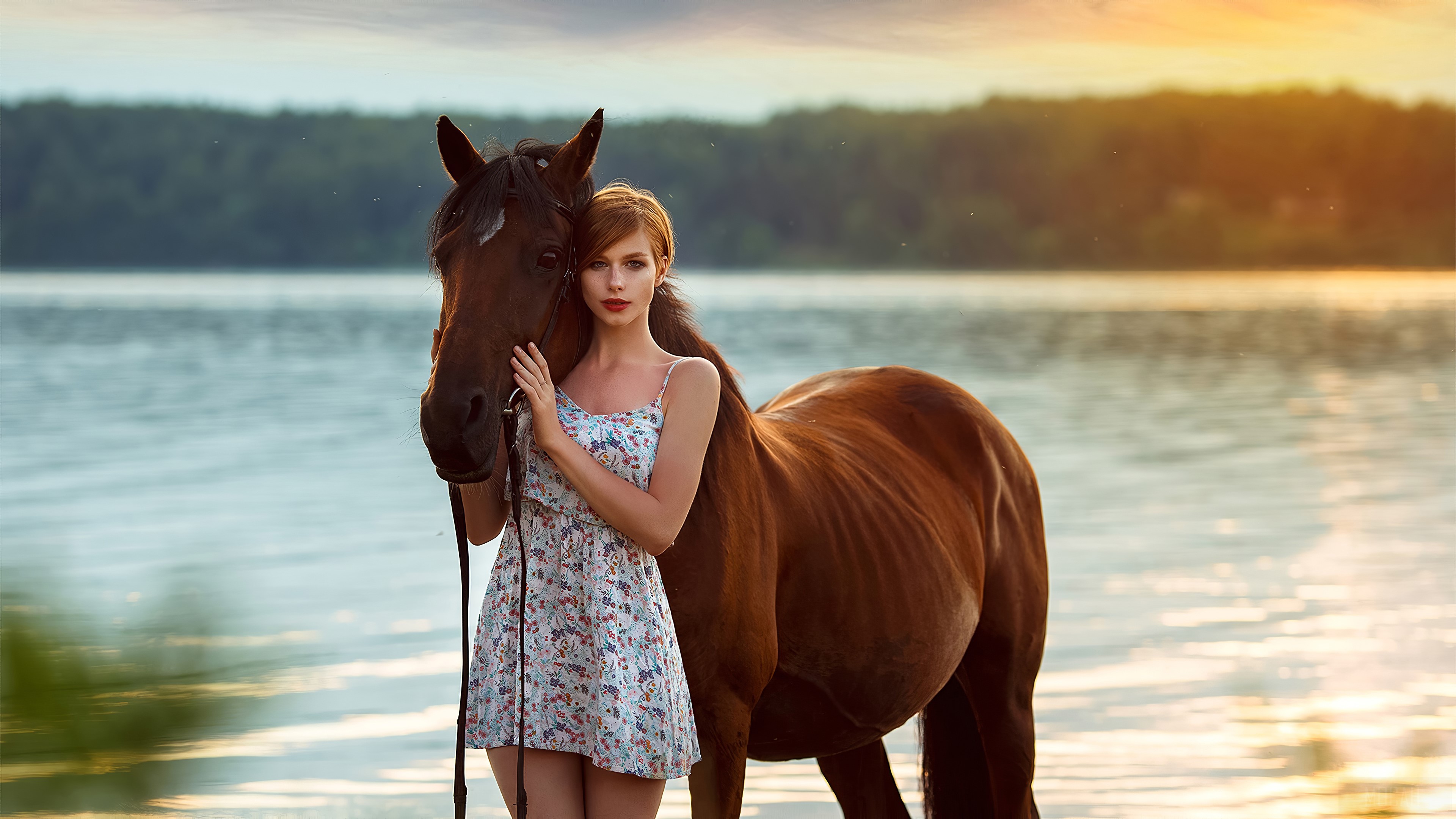Girl with Horse by the Water at Sunset 4K HD Wallpaper