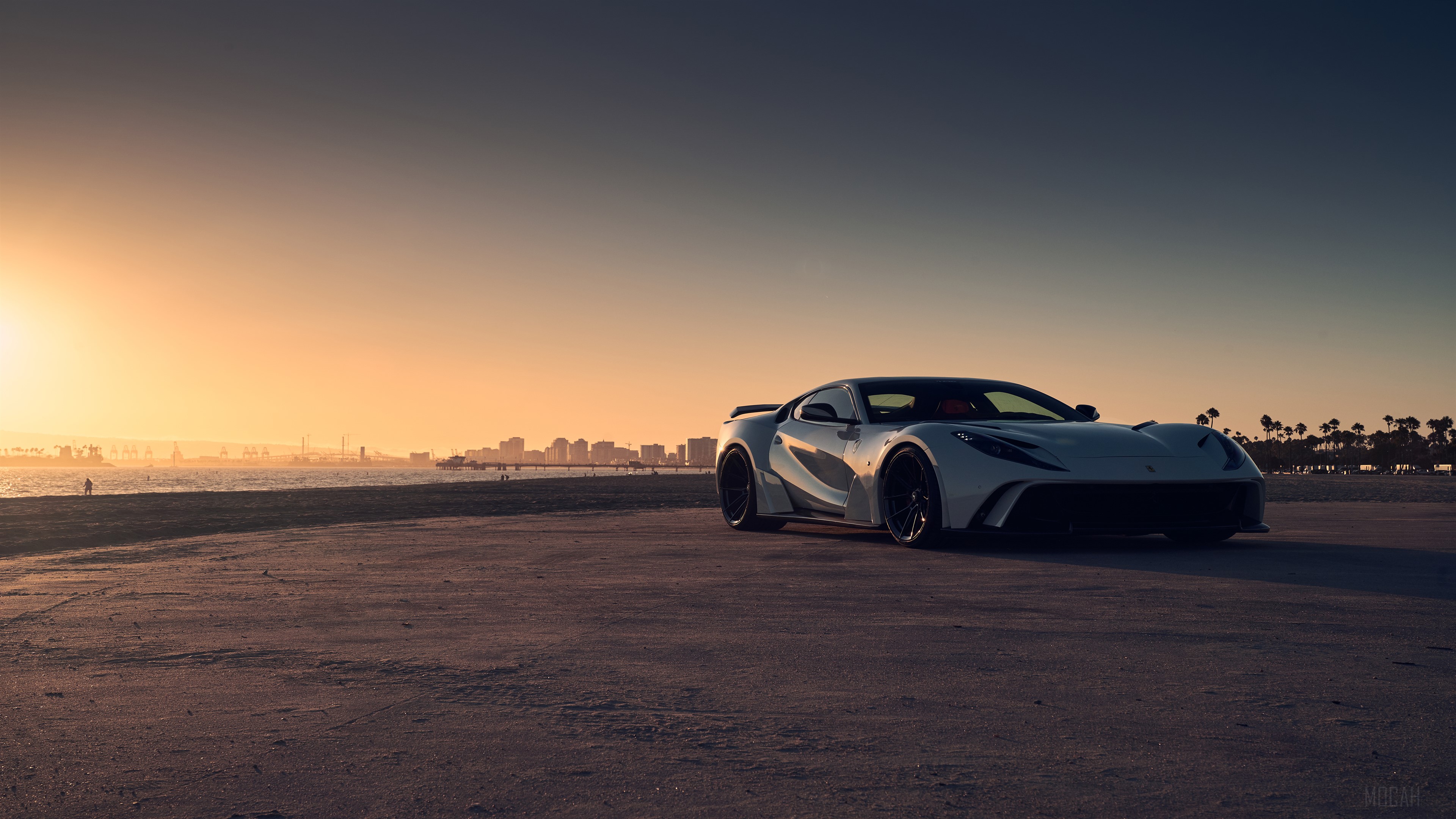 White Ferrari Supercar on Beach at Sunset 4K HD Wallpaper