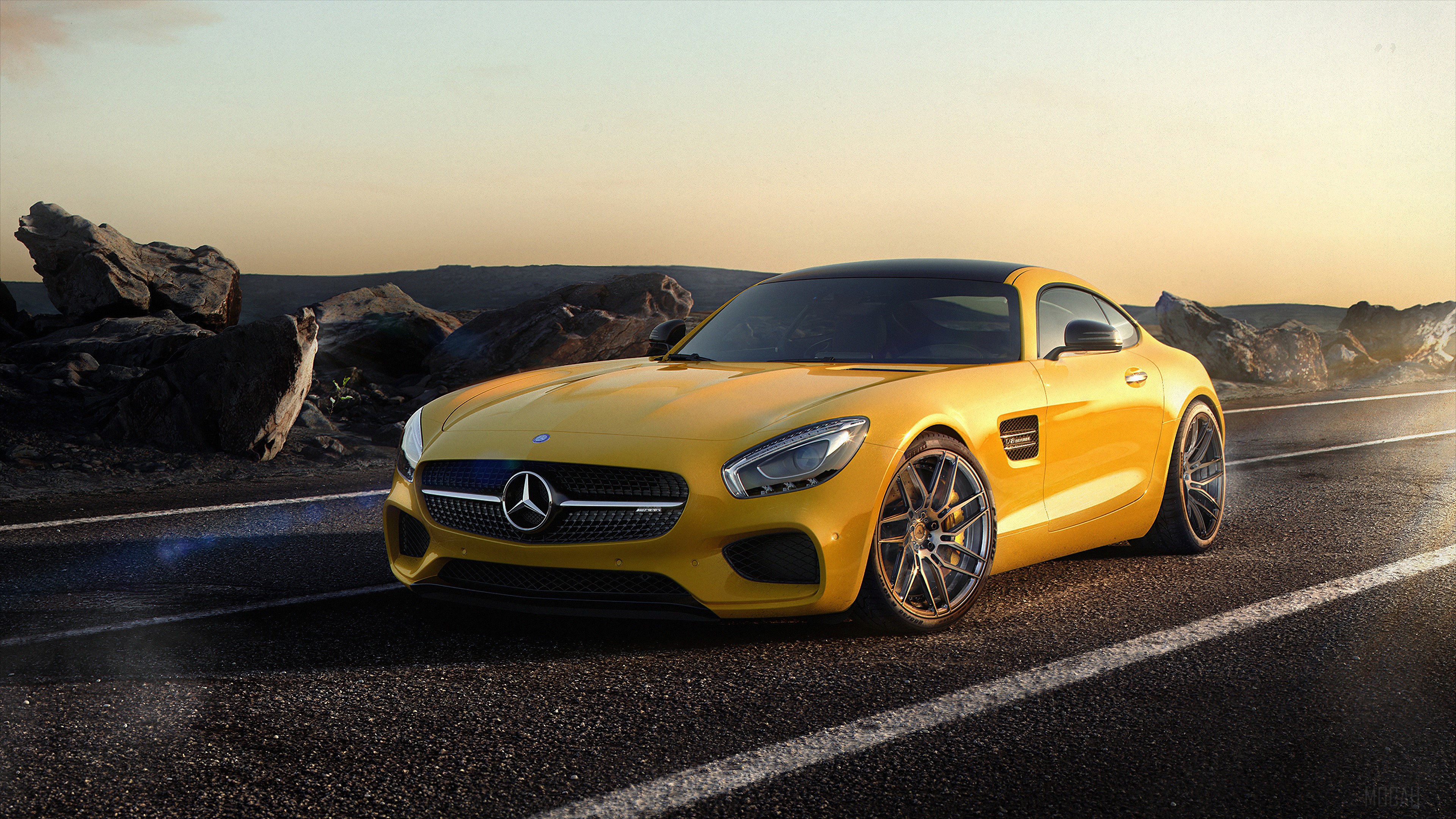 Yellow Mercedes-AMG GT S Coupe on a Road HD Wallpaper