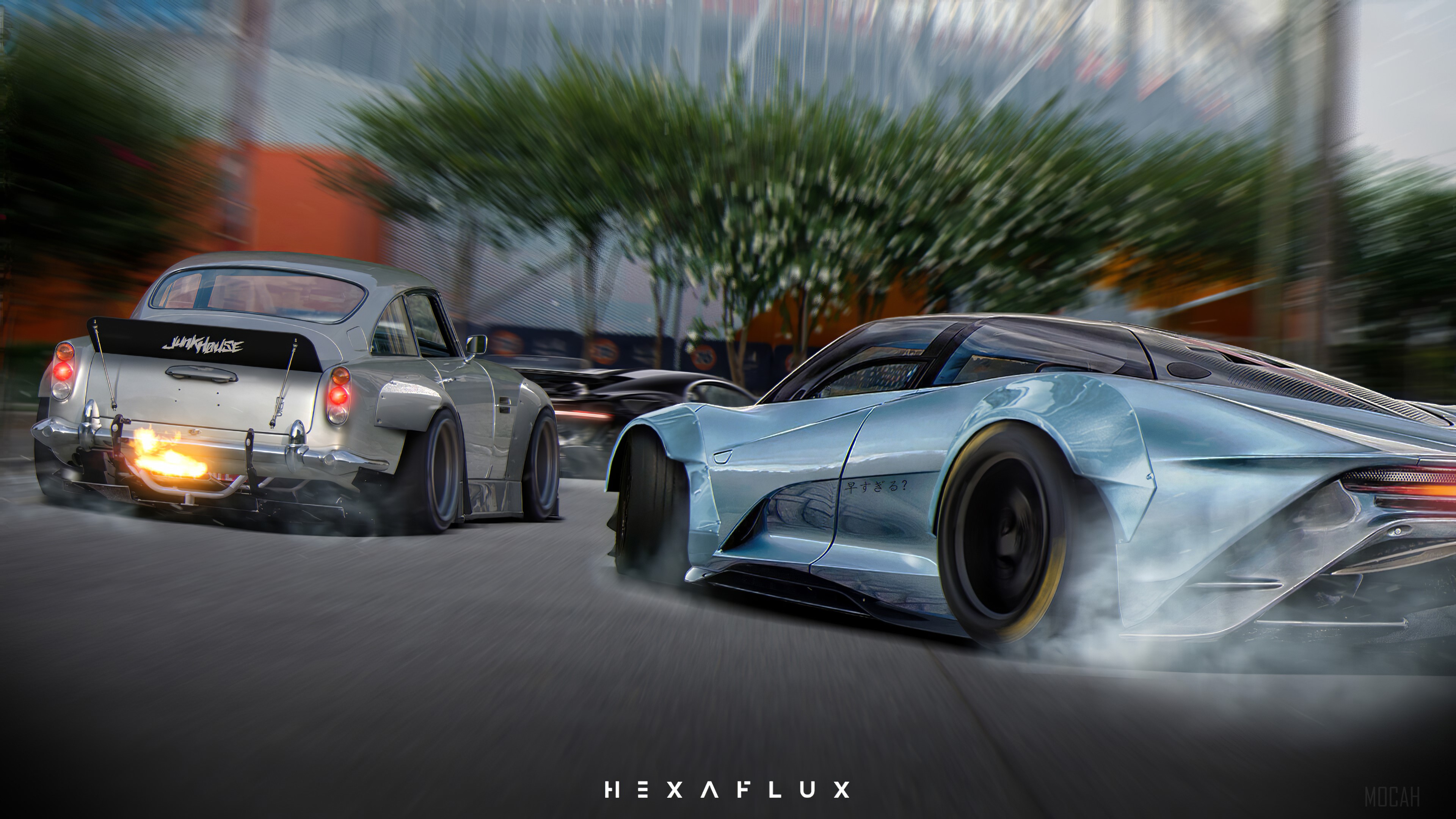 Aston Martin DB5 and futuristic car racing HD Wallpaper
