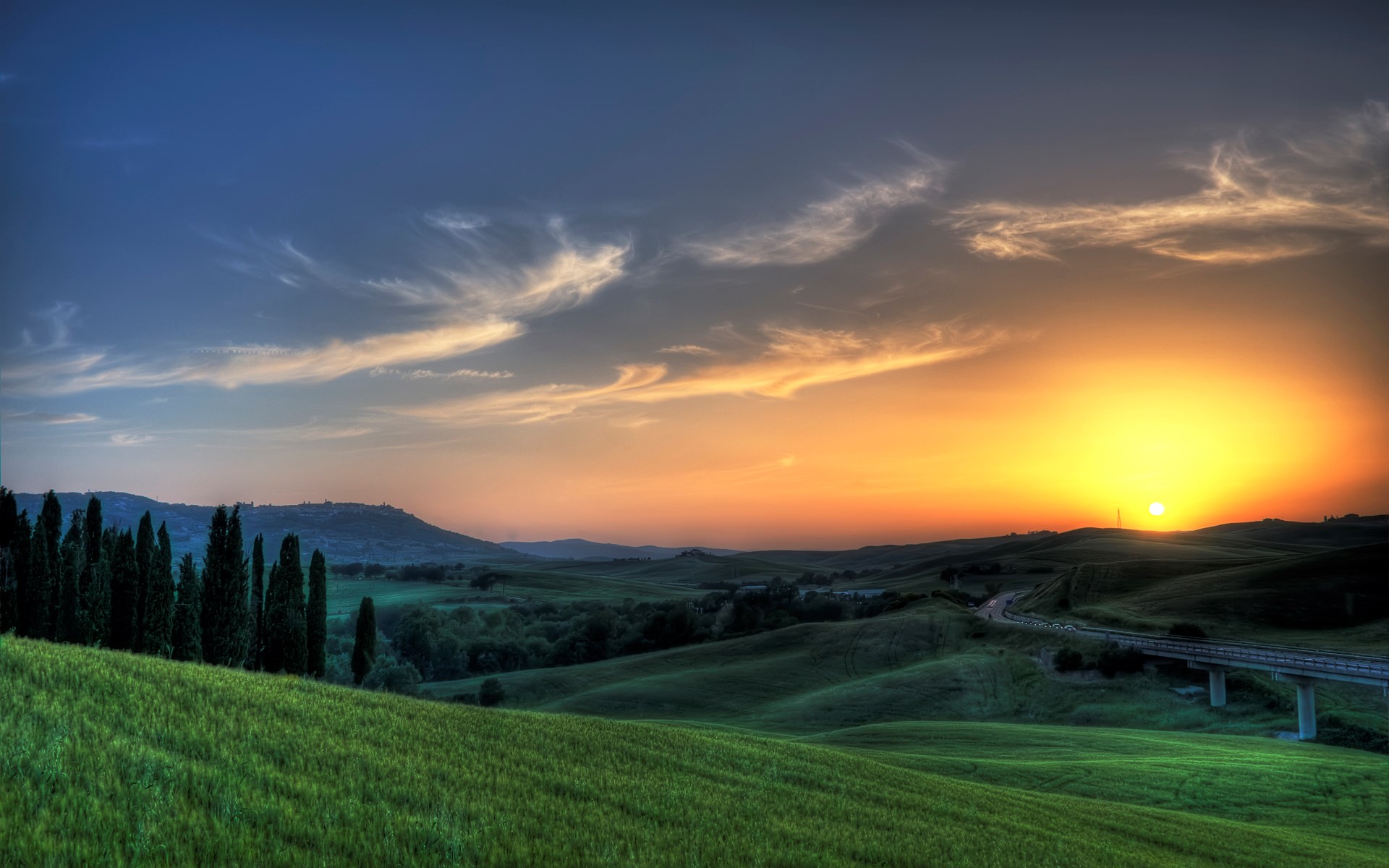 Tuscan Landscape at Sunset with Cypress Trees HD Wallpaper