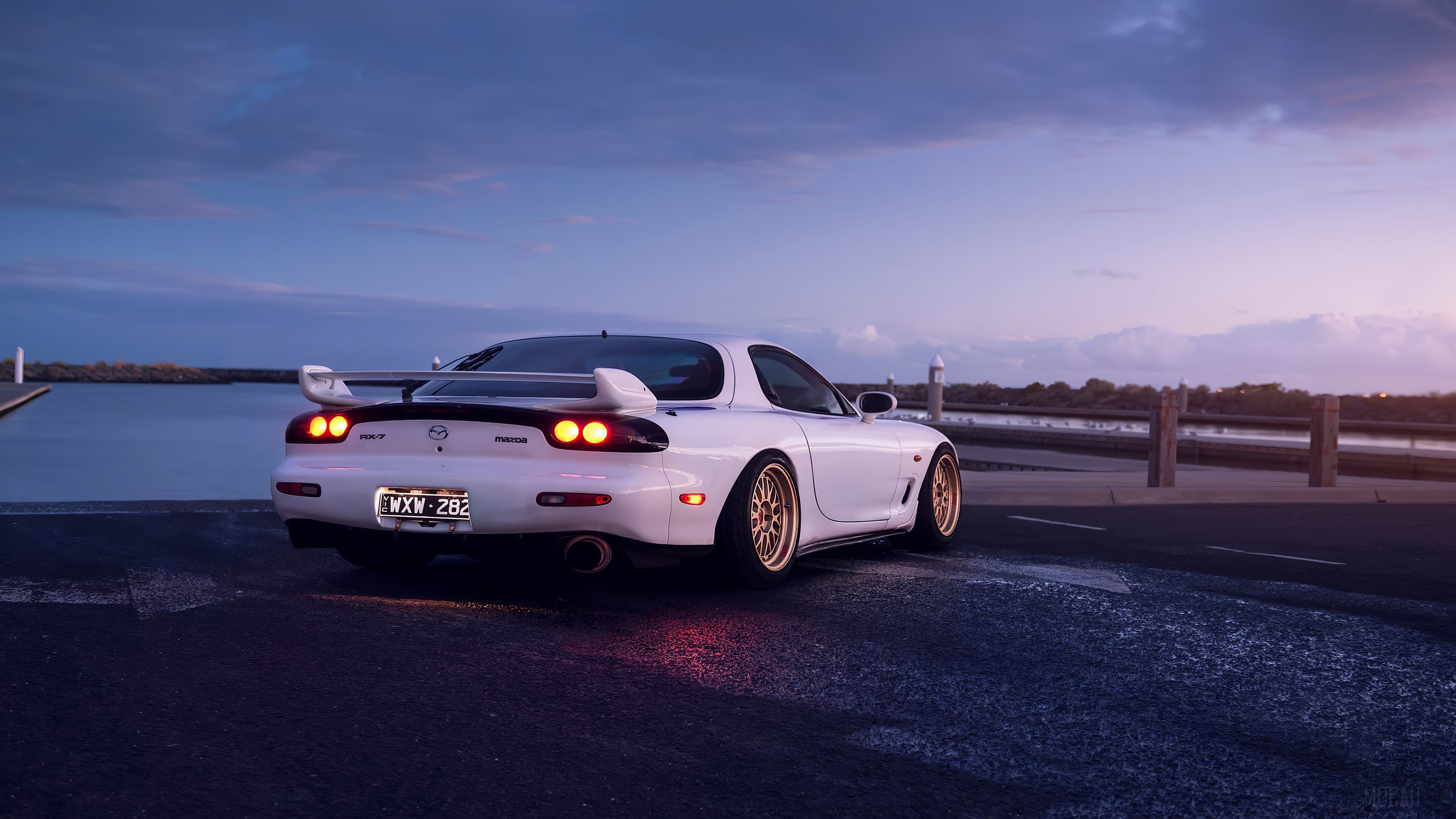 White Mazda RX7 with Golden Alloys 4K HD Wallpaper