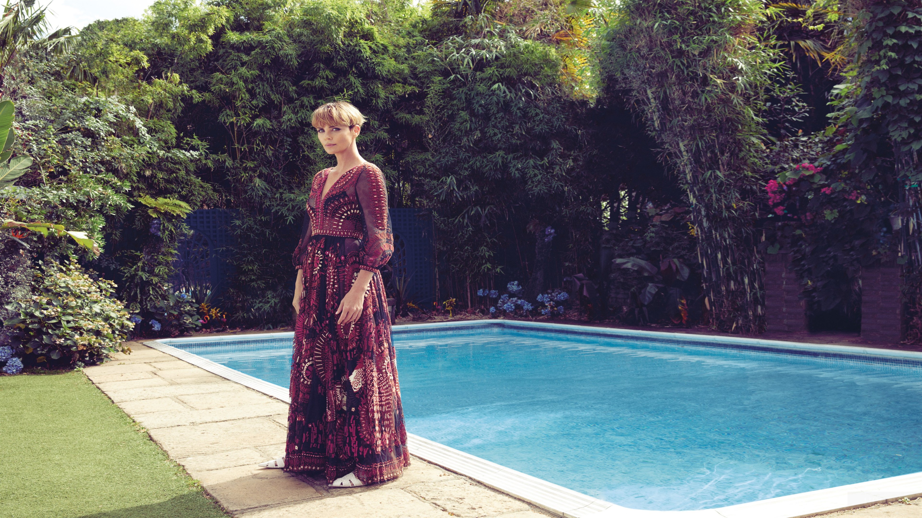 Charlize Theron by the pool HD Wallpaper