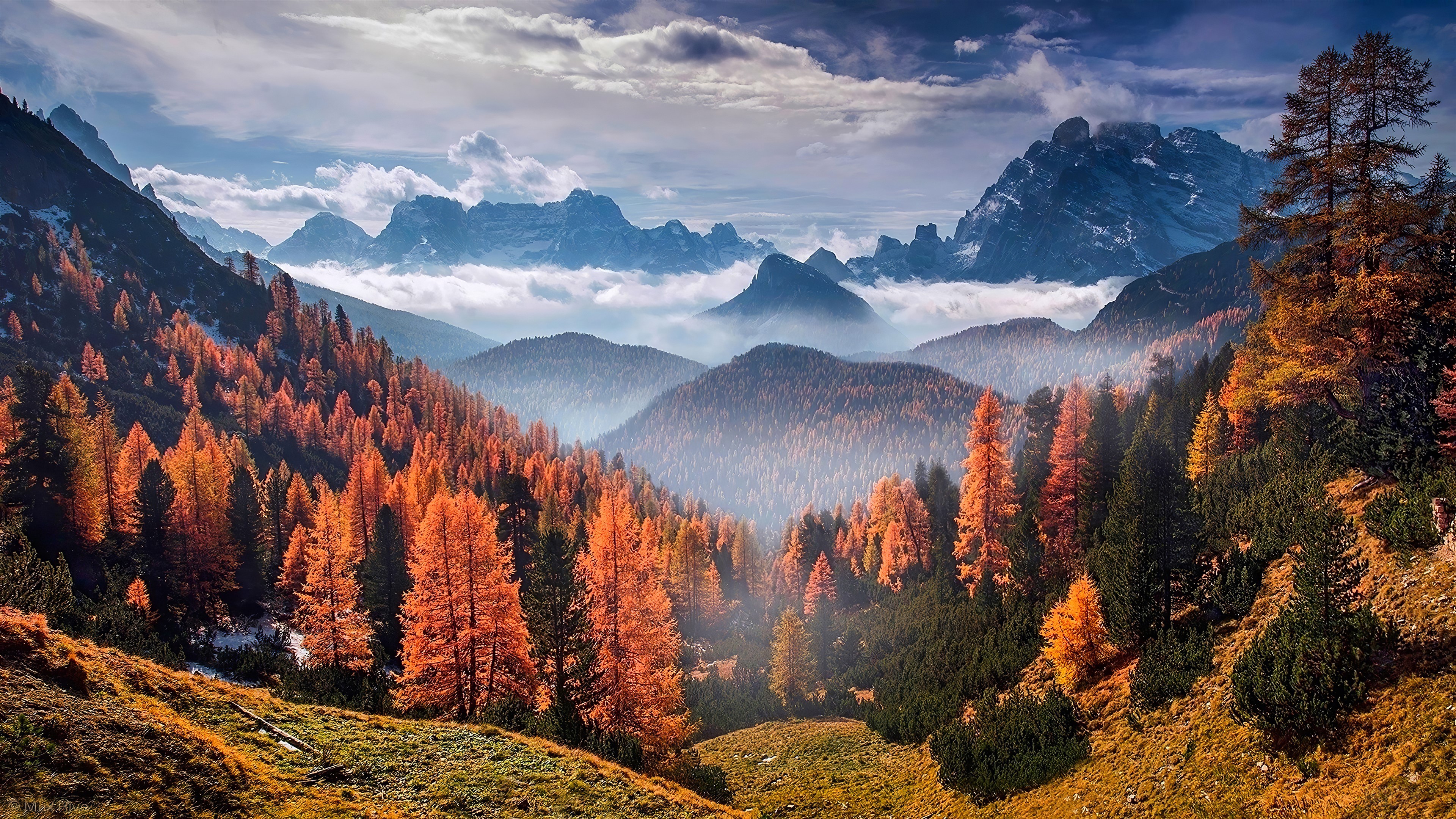 Autumn Forest Landscape with Mountains and Clouds 4K HD Wallpaper