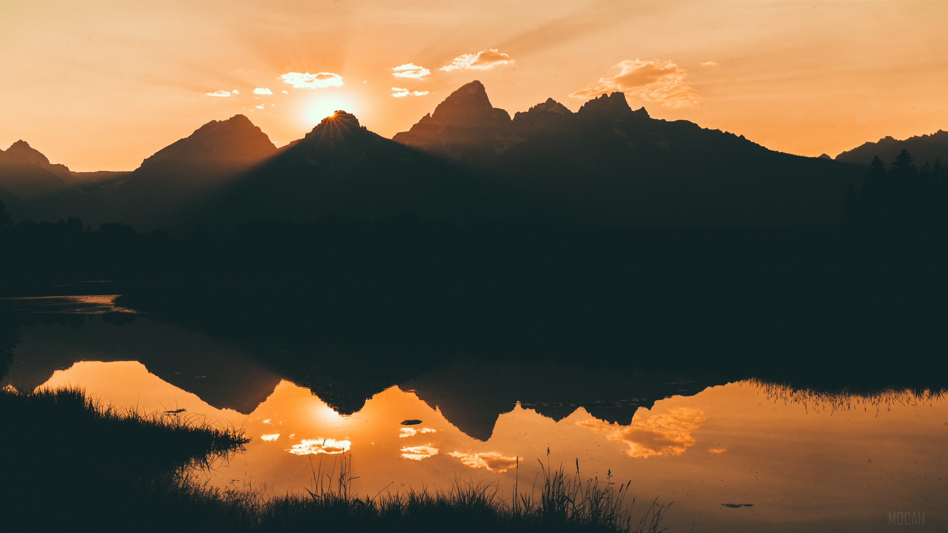 Lake Silhouette Mountains Beside HD Wallpaper