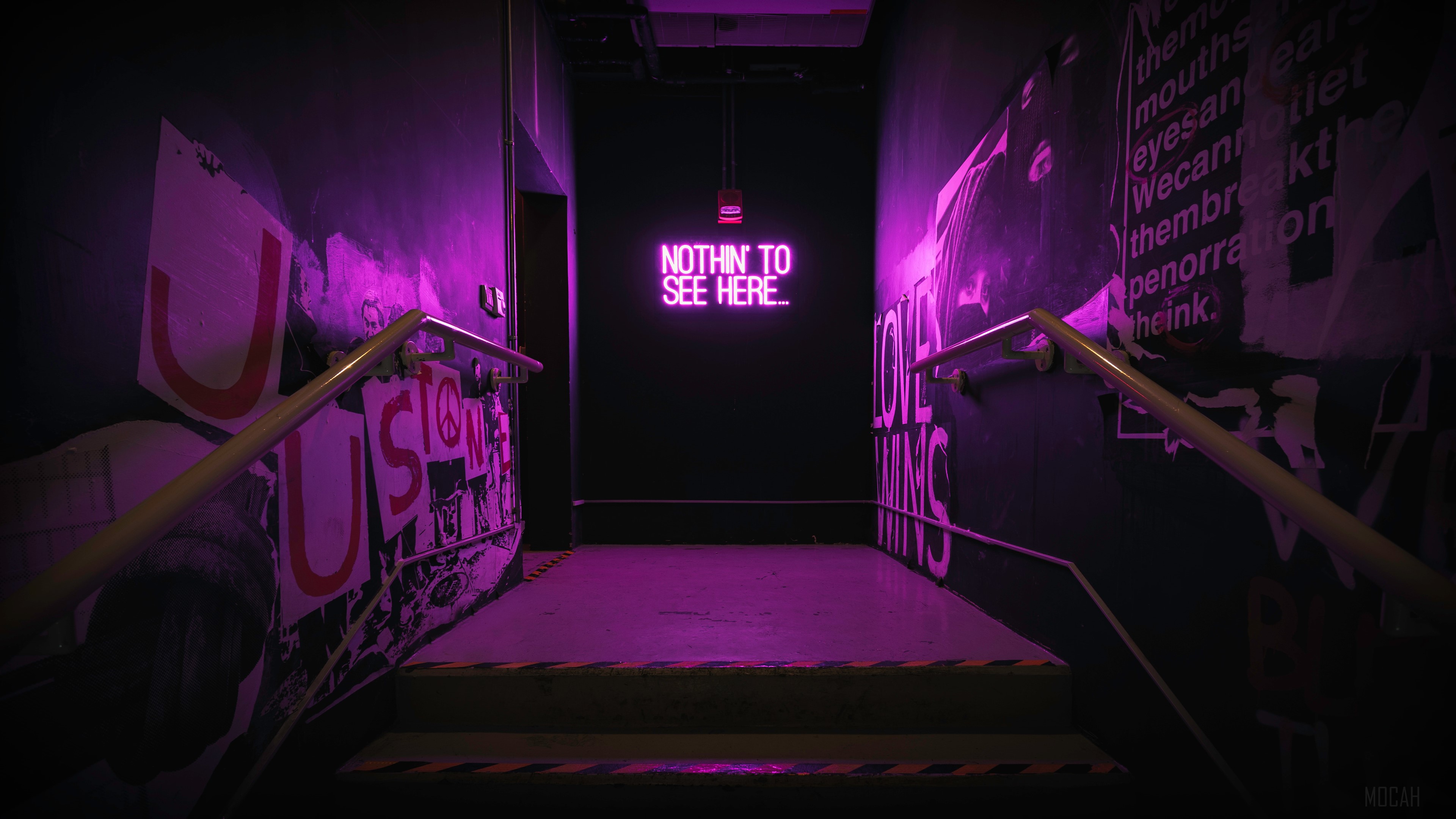 Neon sign in a dark hallway with graffiti HD Wallpaper