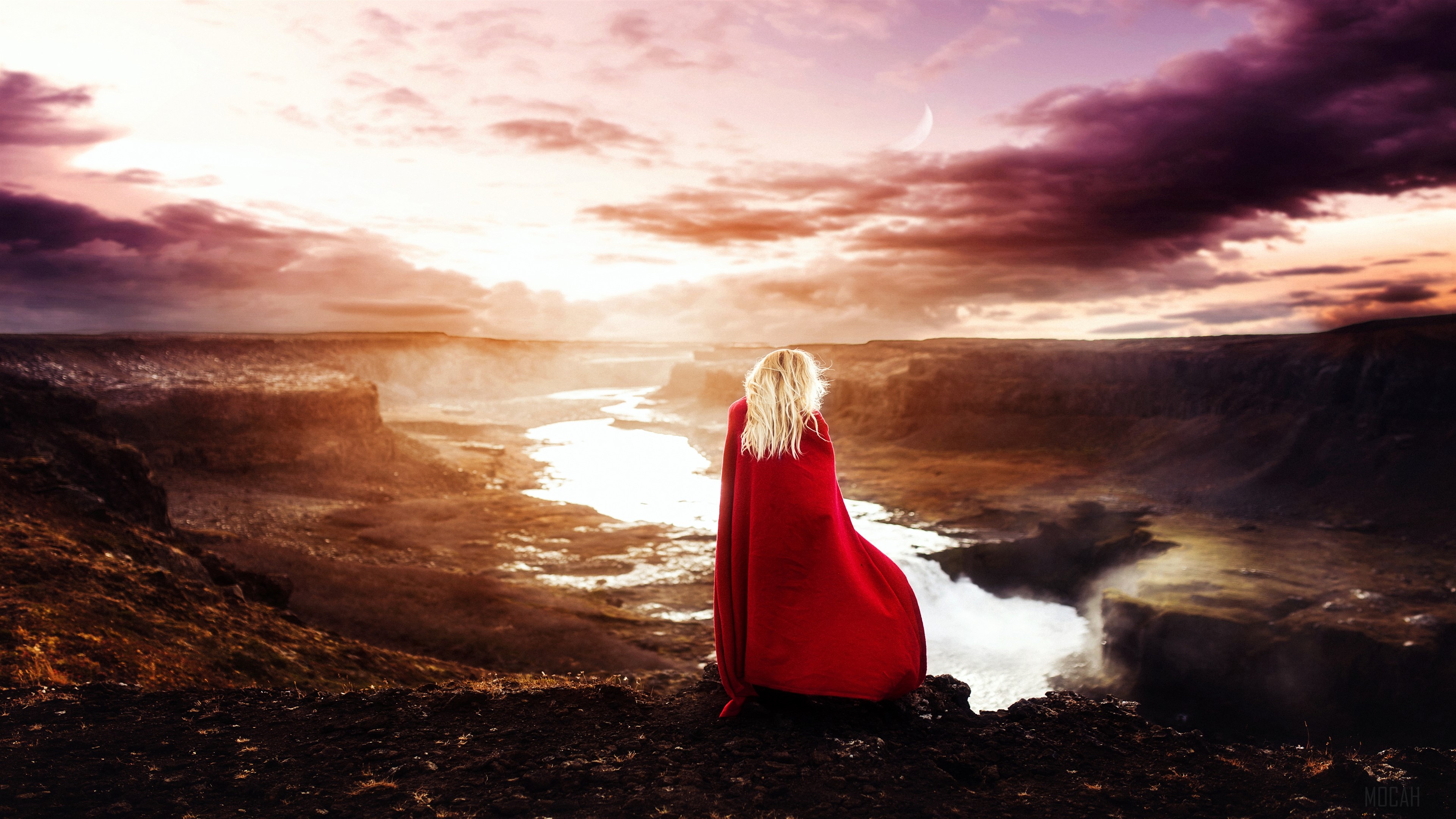 Woman in Red Cape Overlooking Waterfall Landscape 4K HD Wallpaper