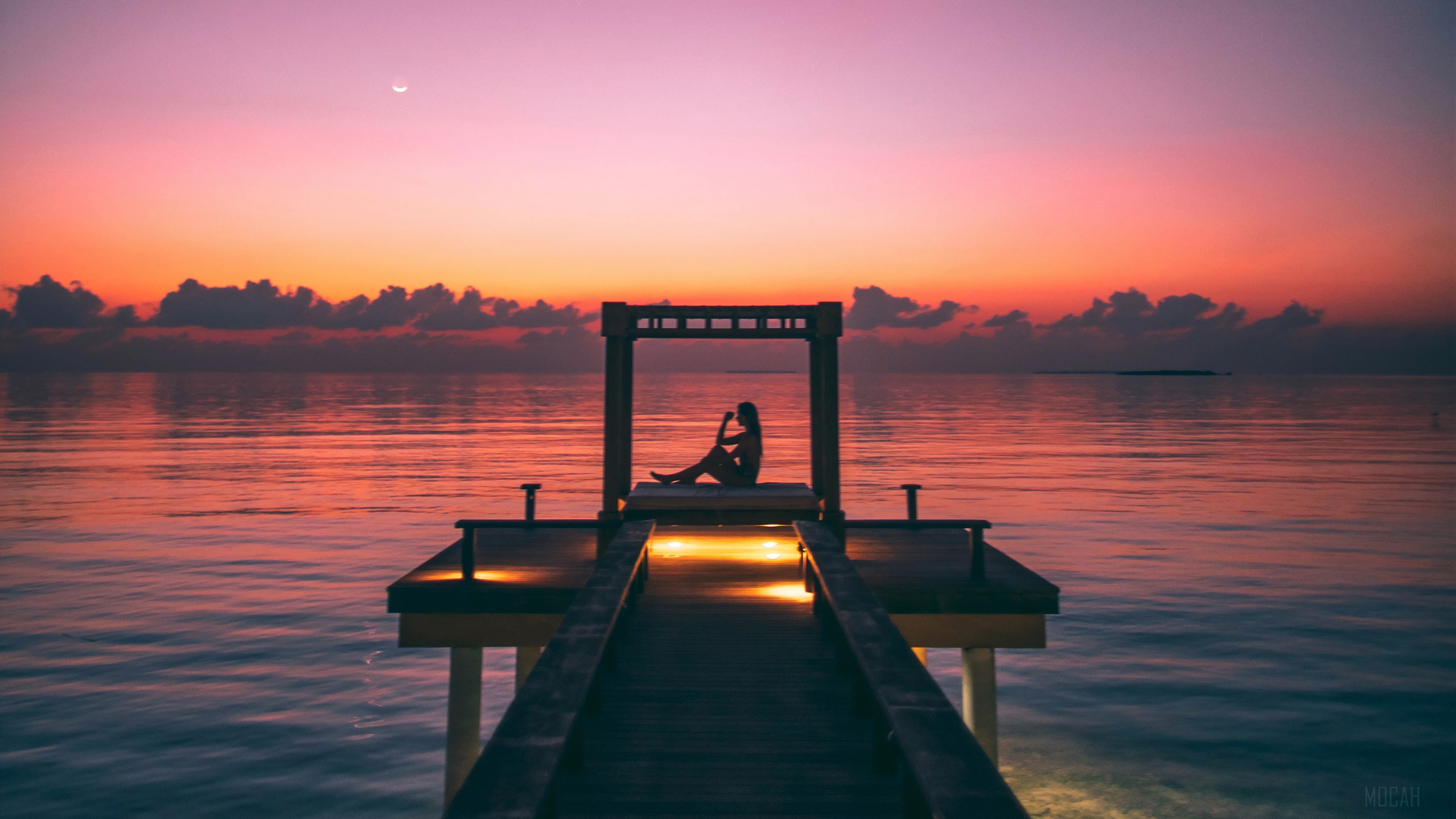 Girl Silhouette on Pier at Sunset 4K HD Wallpaper