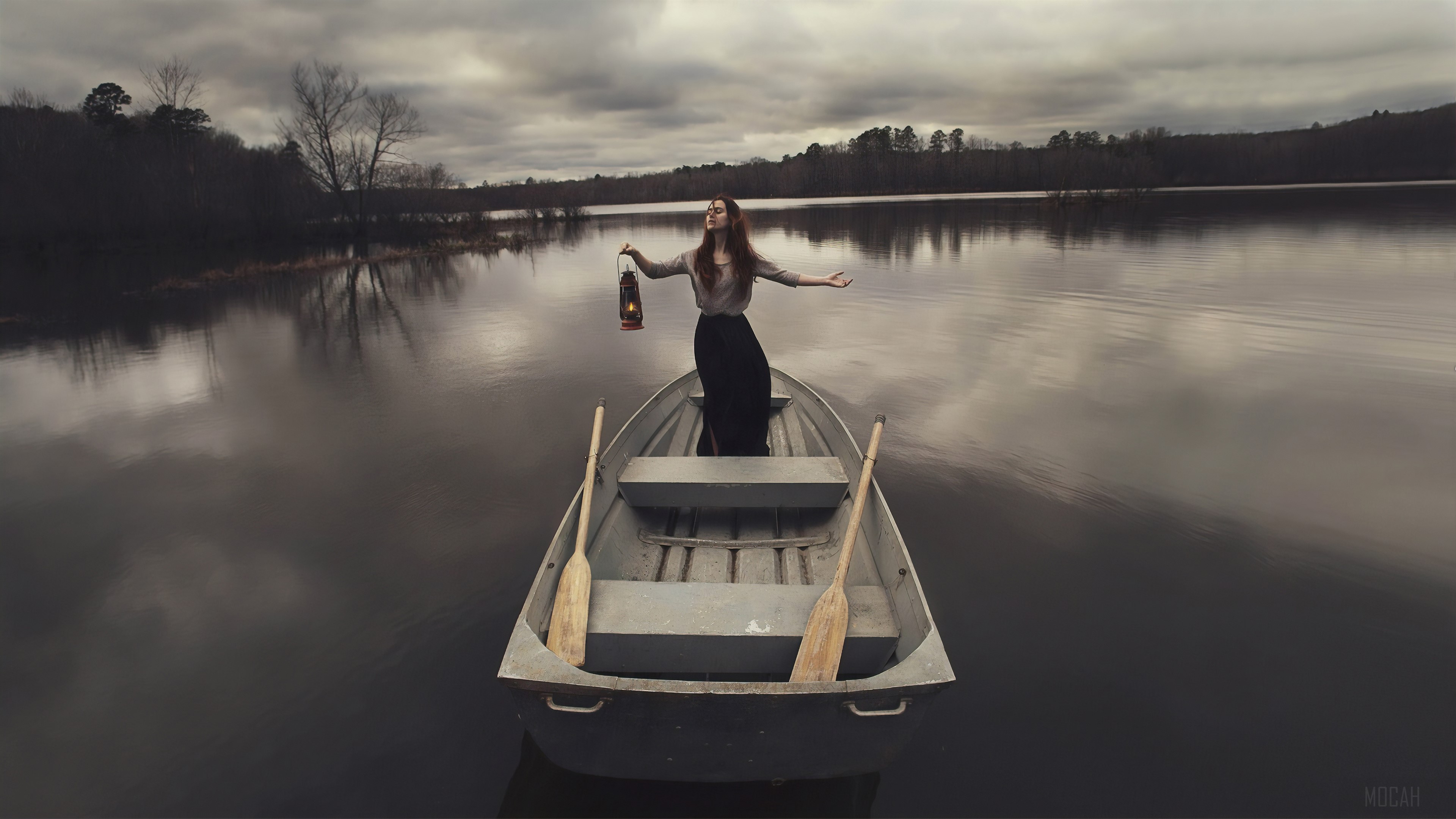 Girl in a boat holding a lantern HD Wallpaper