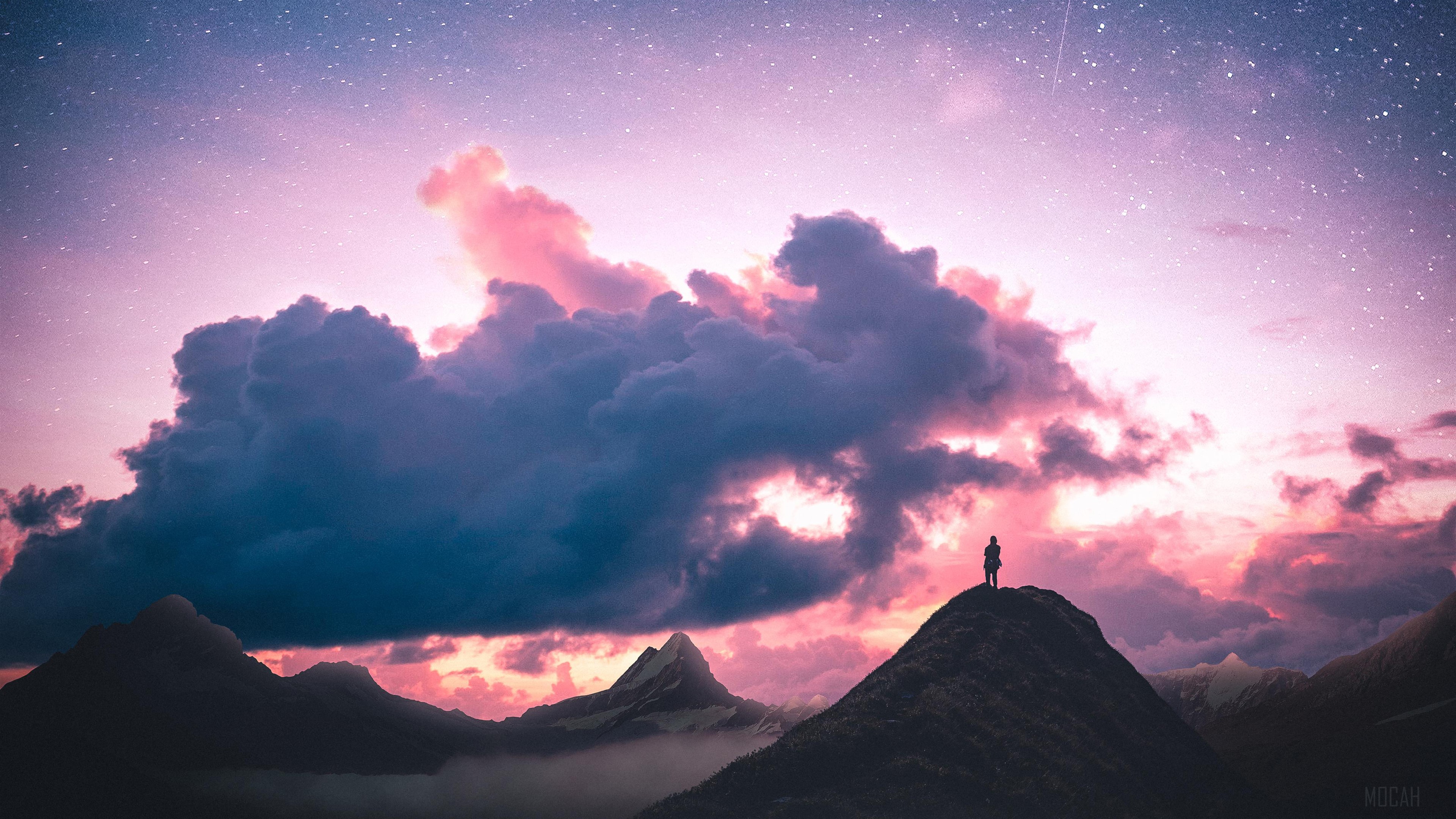 Person on mountain peak under starry sky with pink clouds HD Wallpaper