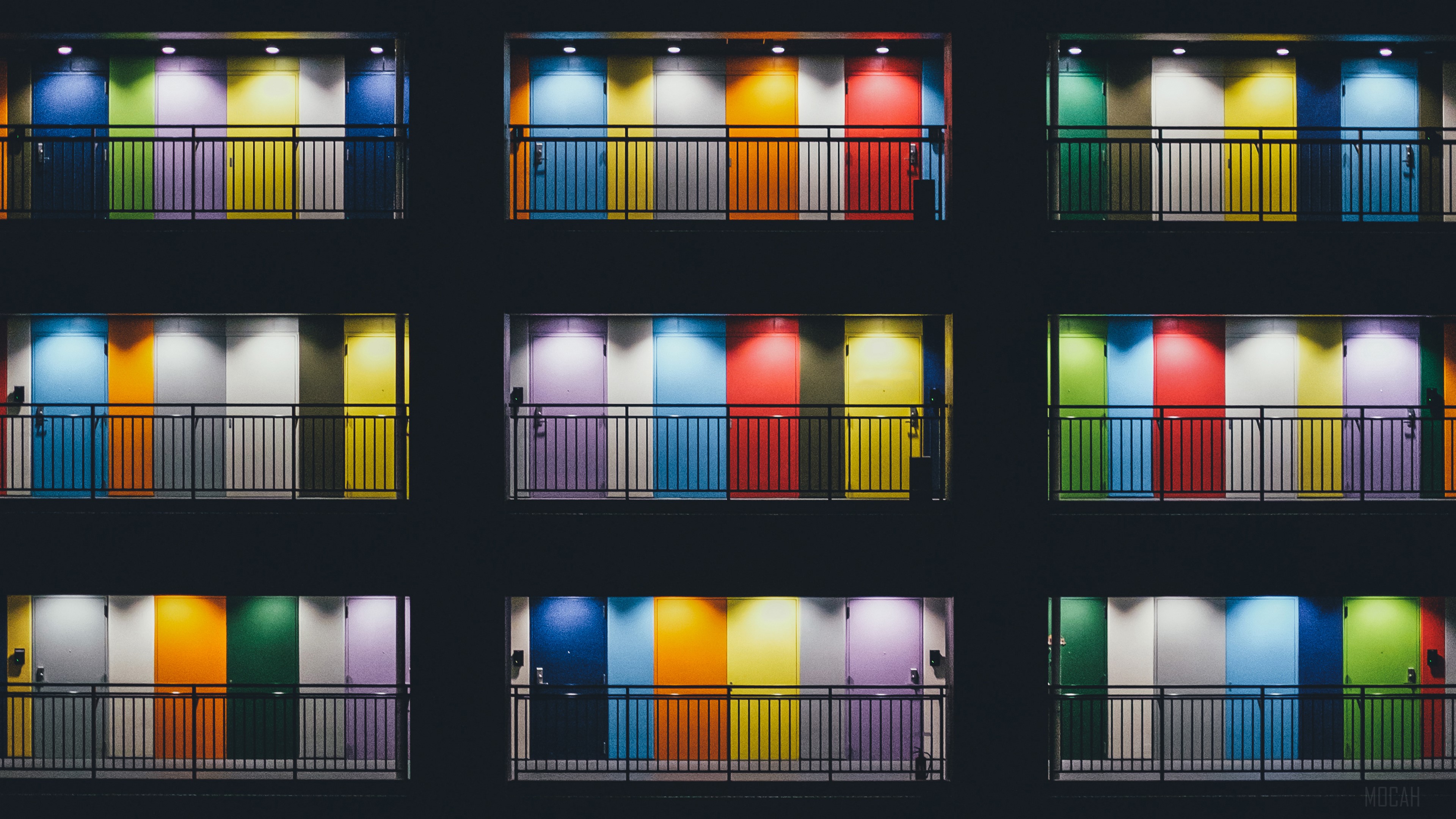 Colorful Doors Balcony Symmetry 4K HD Wallpaper