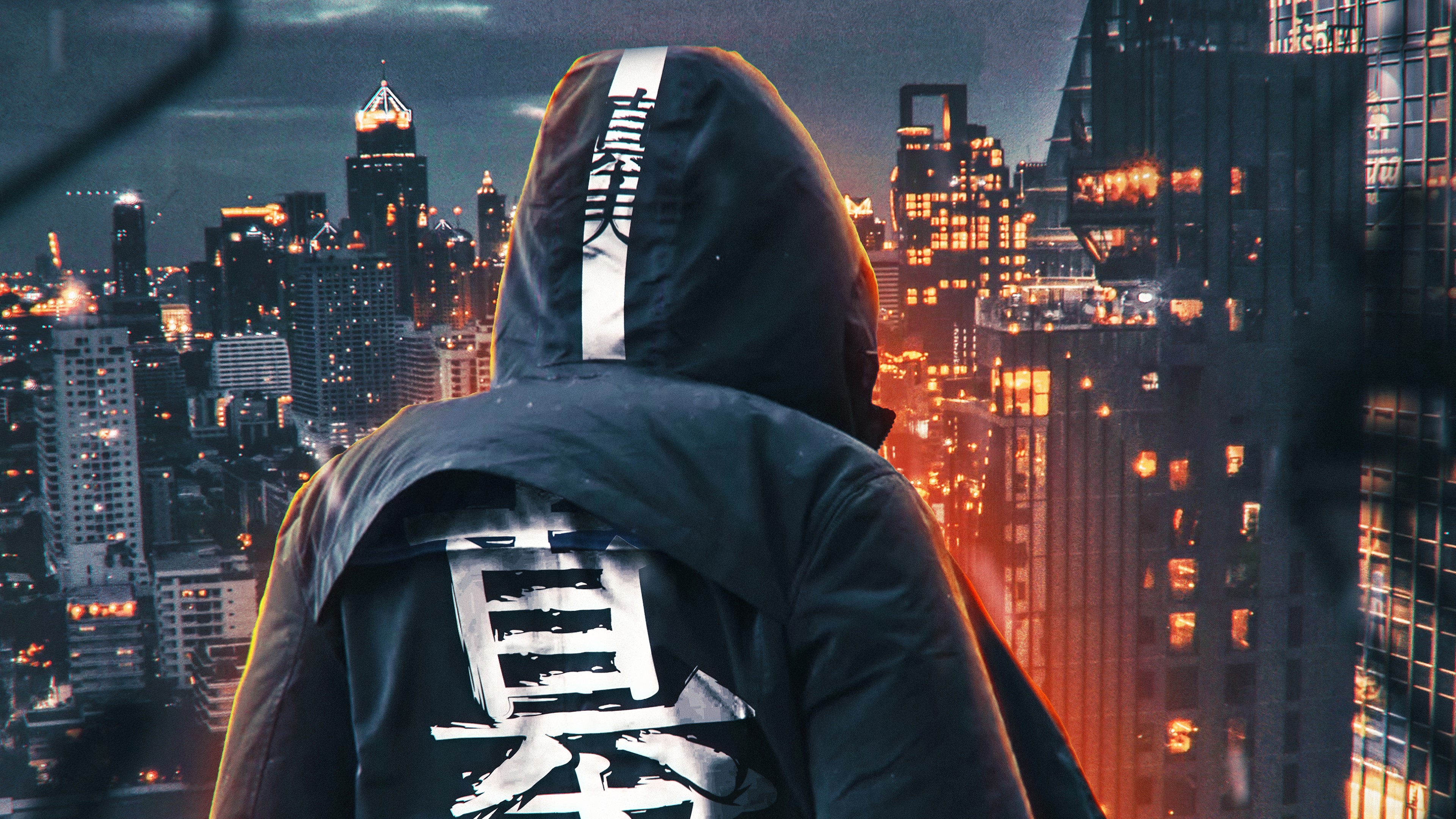 Ninja standing on a rooftop overlooking a city at night HD Wallpaper