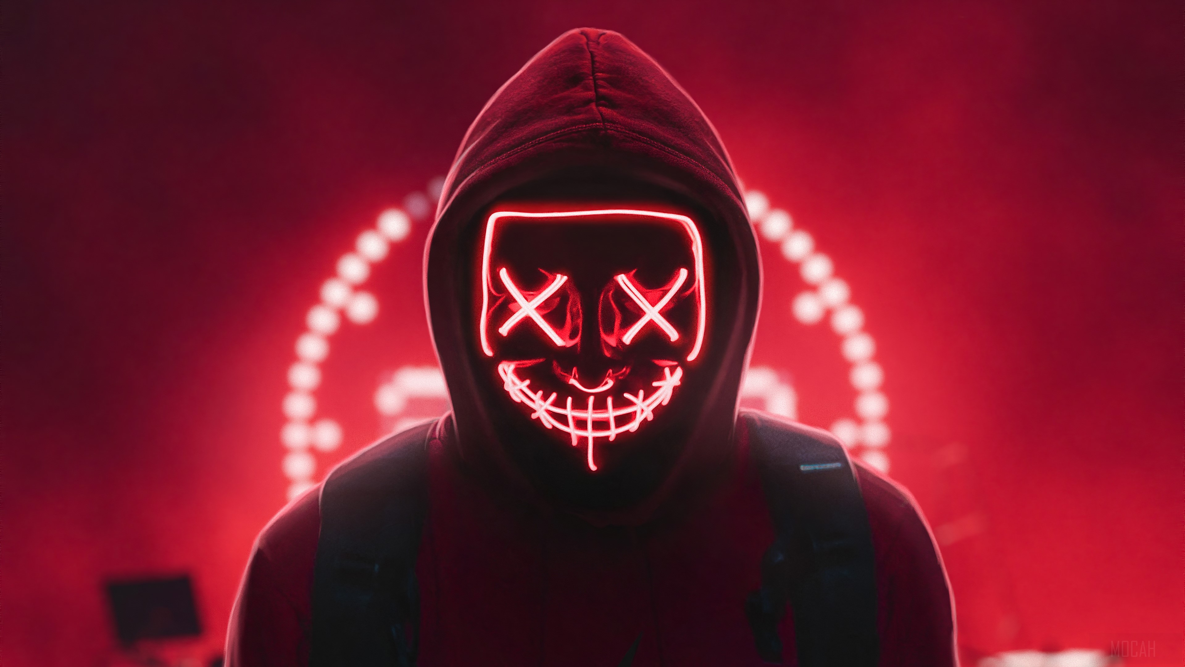 Neon Masked Man with Red Hoodie 4K HD Wallpaper