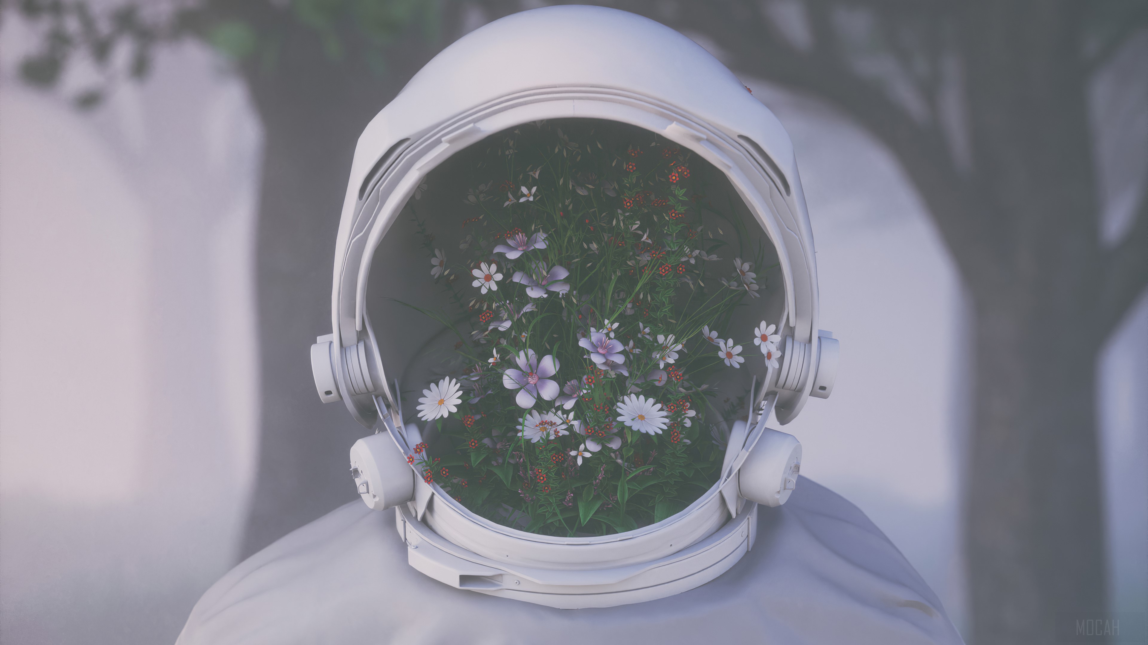 Astronaut helmet with flowers and plants HD Wallpaper