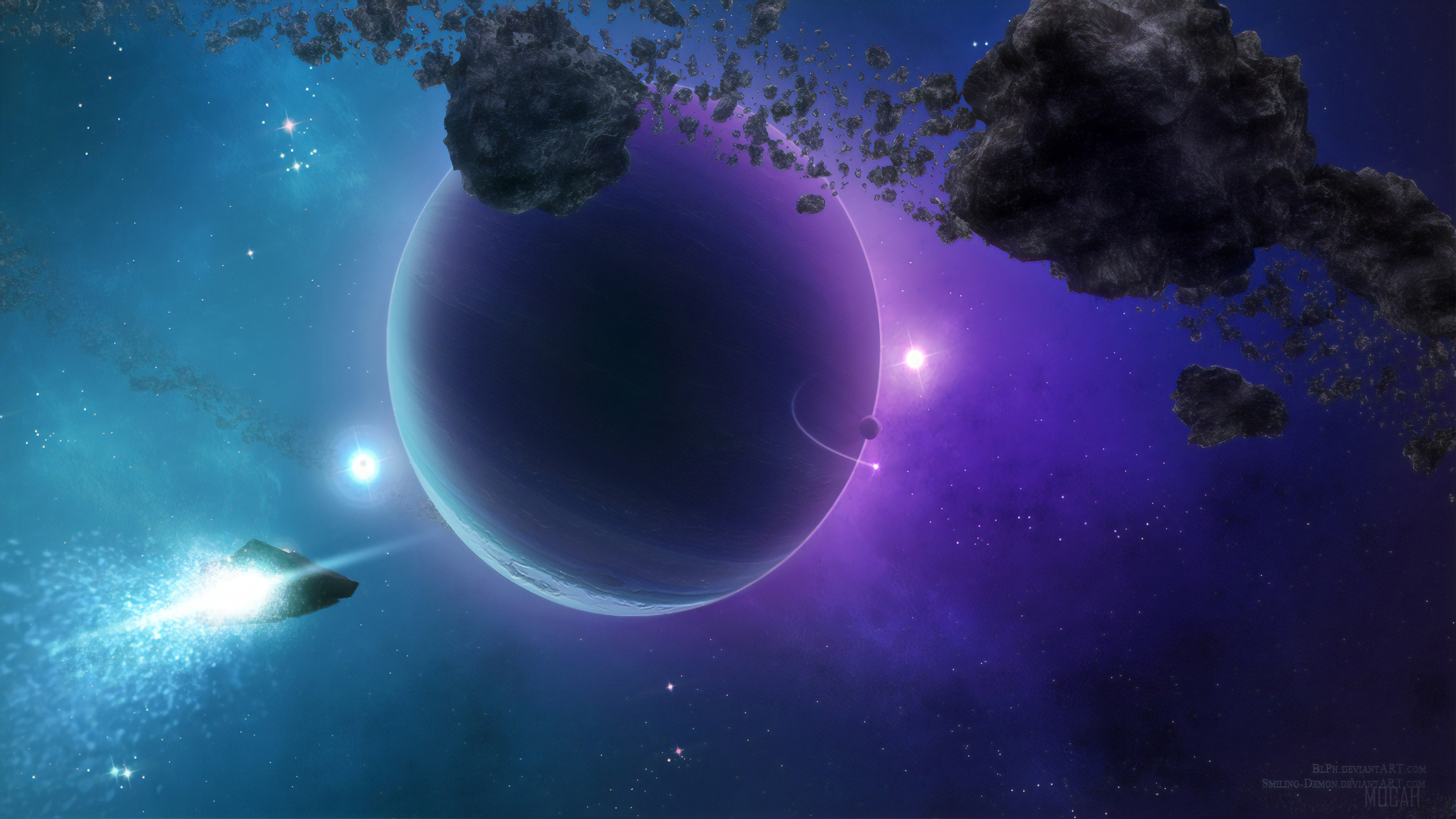 Space scene with planet, asteroids, and spaceship 4K HD Wallpaper