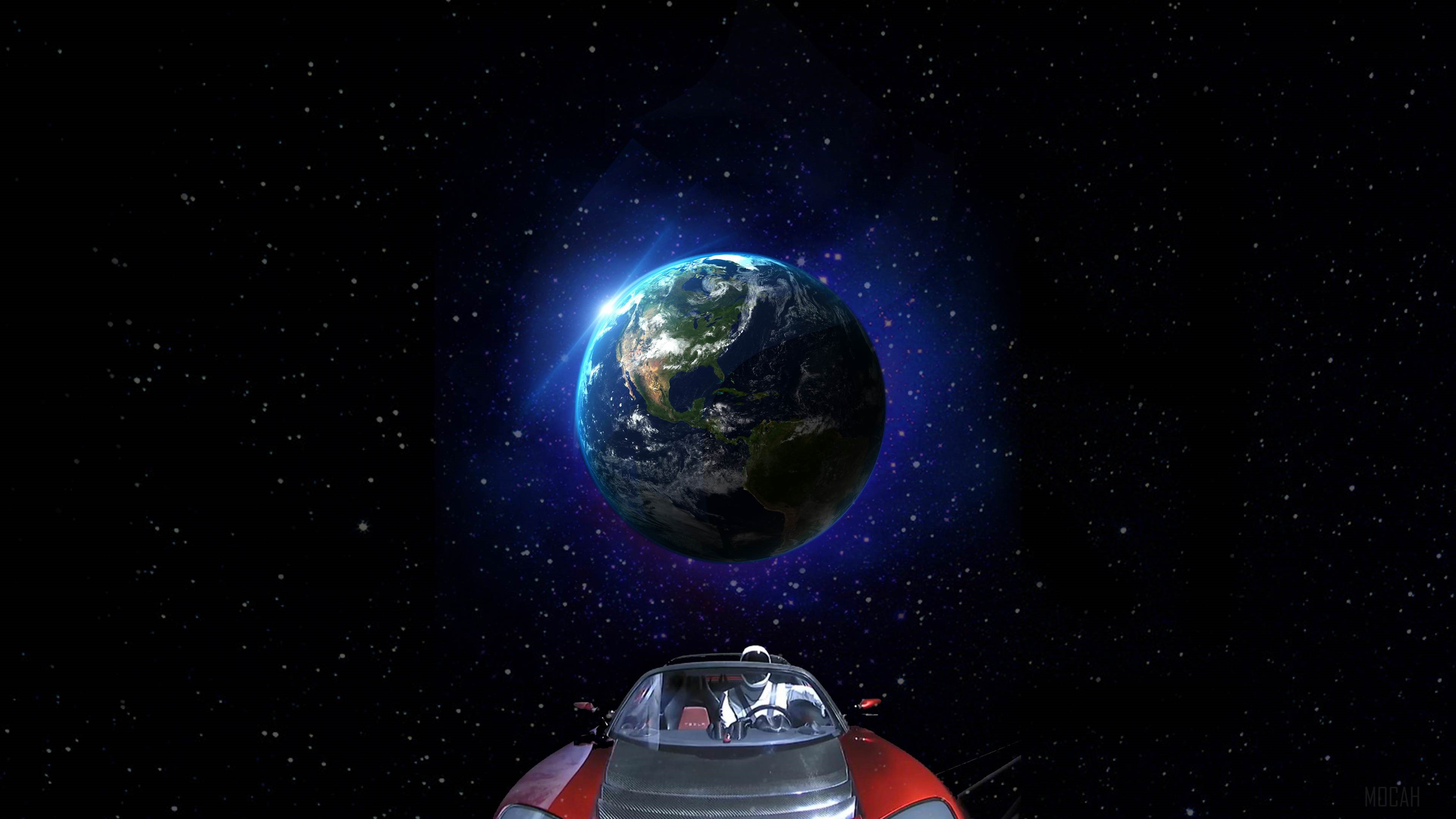 Starman in a Tesla Roadster in space with Earth 4K HD Wallpaper