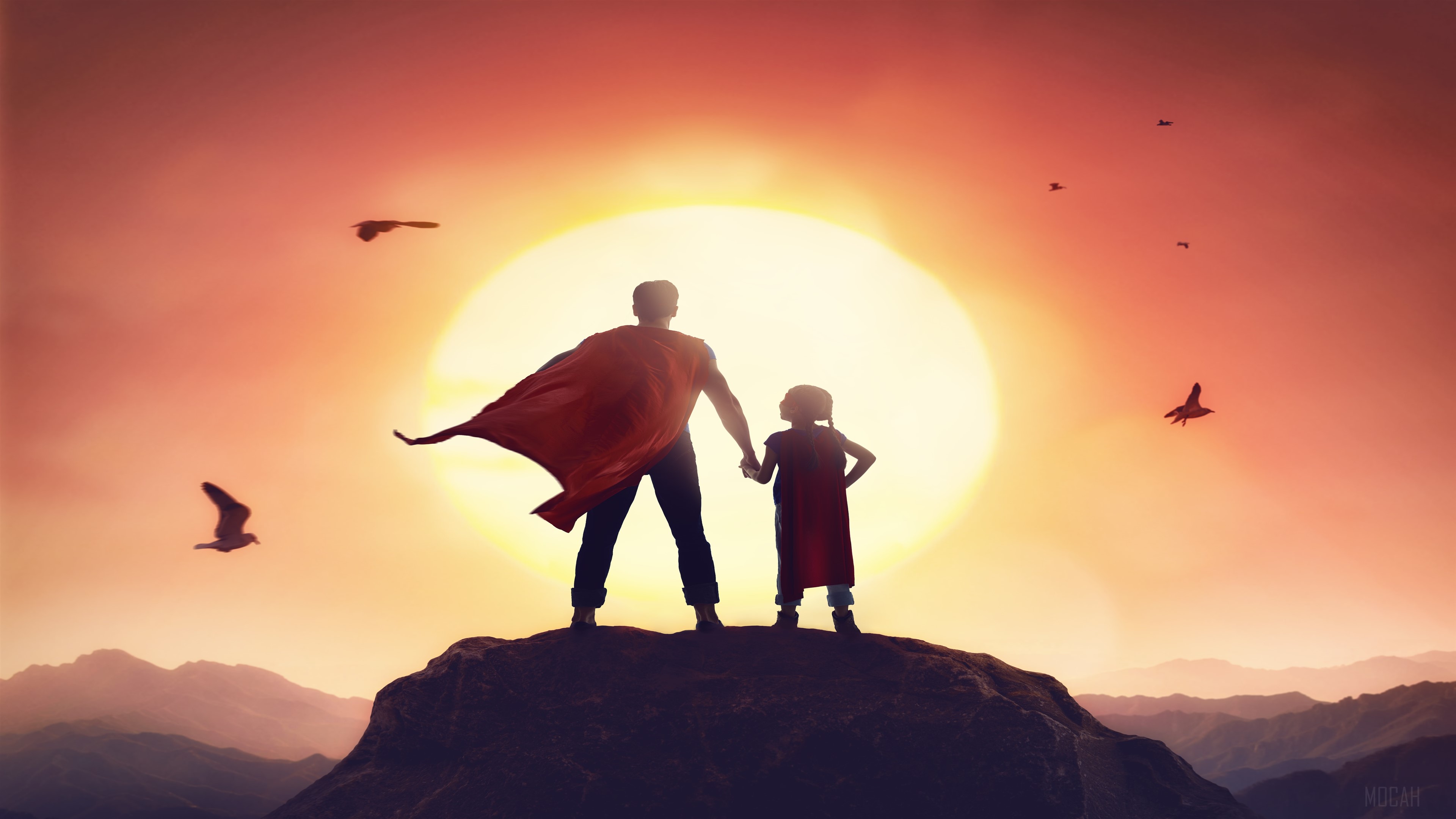 Father and daughter in superhero capes at sunset HD Wallpaper
