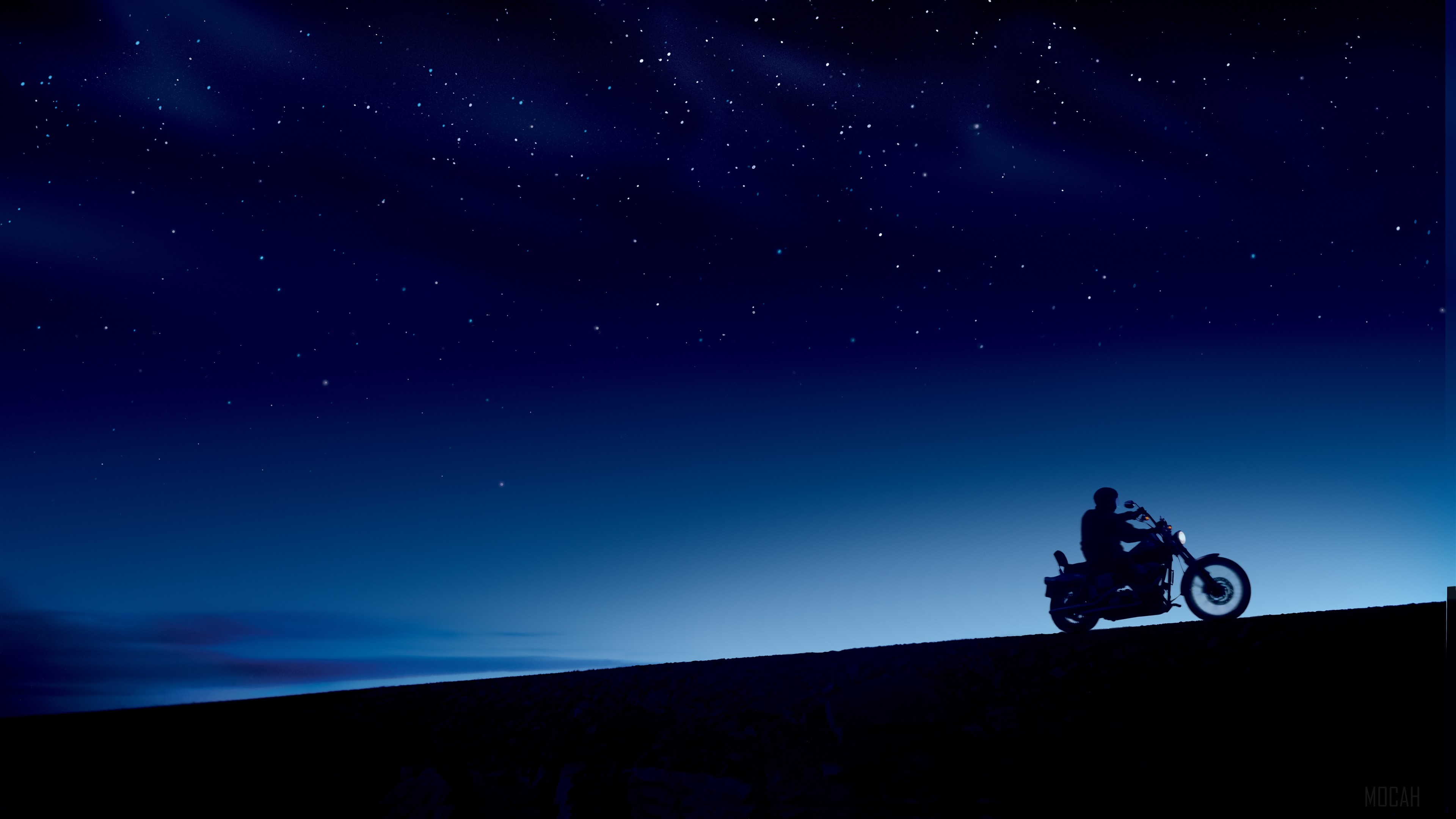 Motorcyclist on a hill under a starry night sky HD Wallpaper
