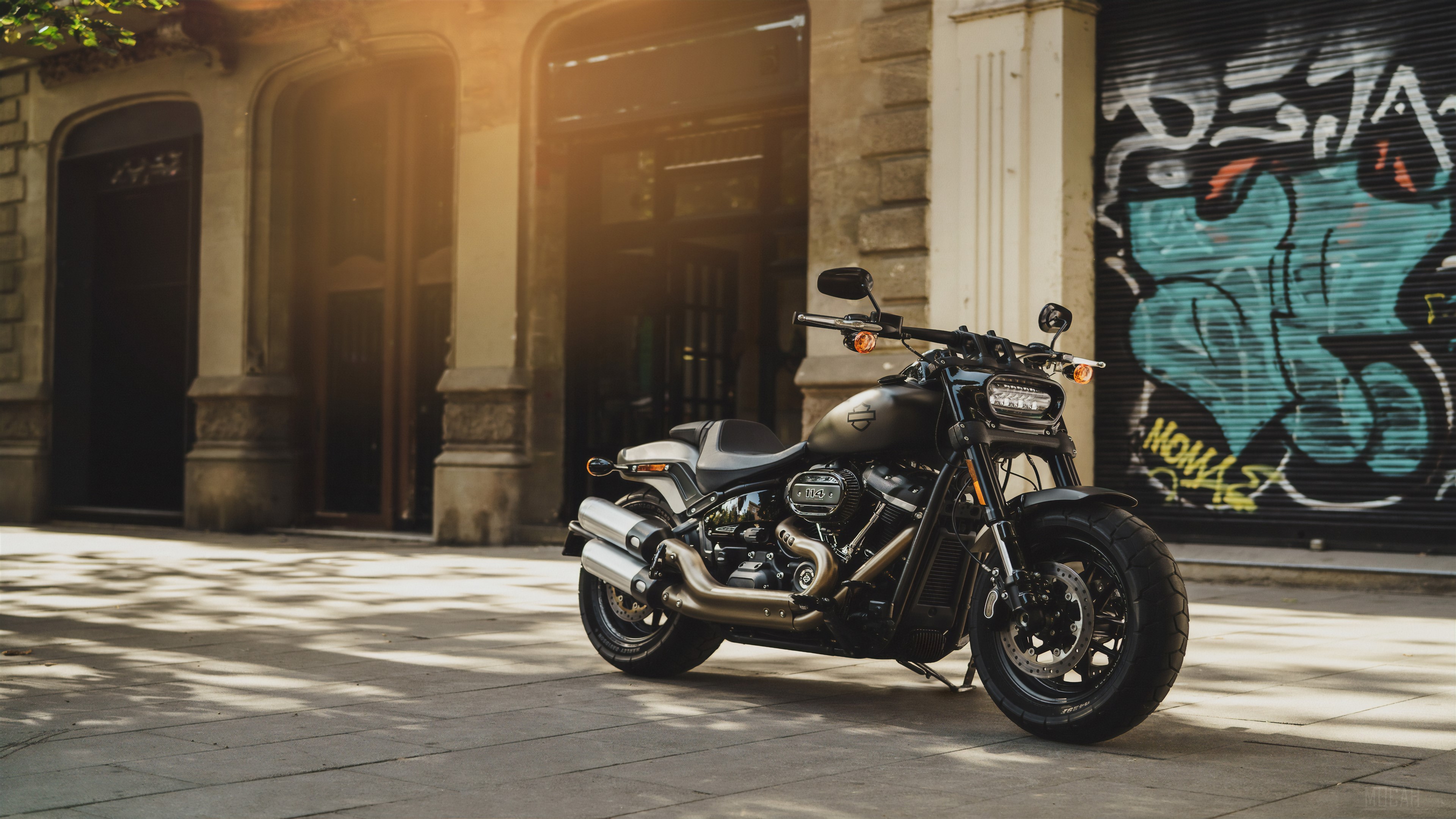 Harley Davidson Fat Bob motorcycle parked on street HD Wallpaper