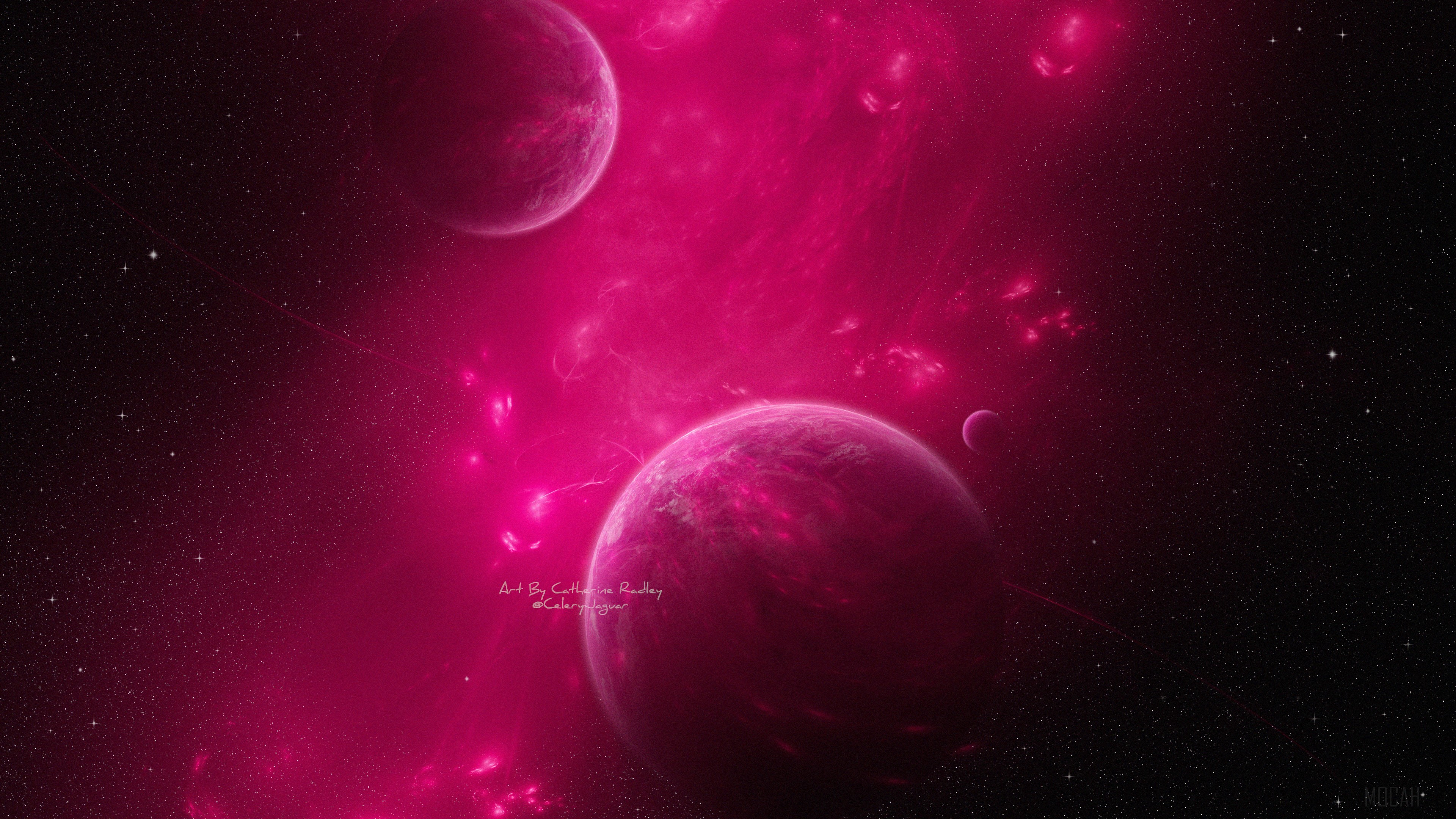 Planets and nebulae in magenta space 4K HD Wallpaper