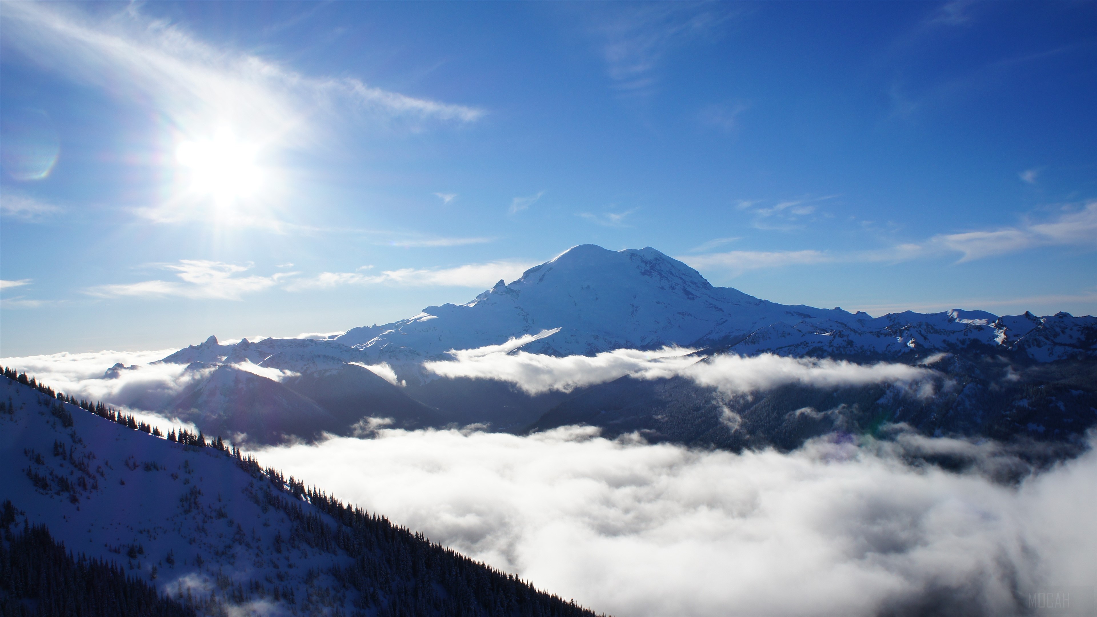 Snowy Mountains Landscape with Sun and Clouds 4K HD Wallpaper