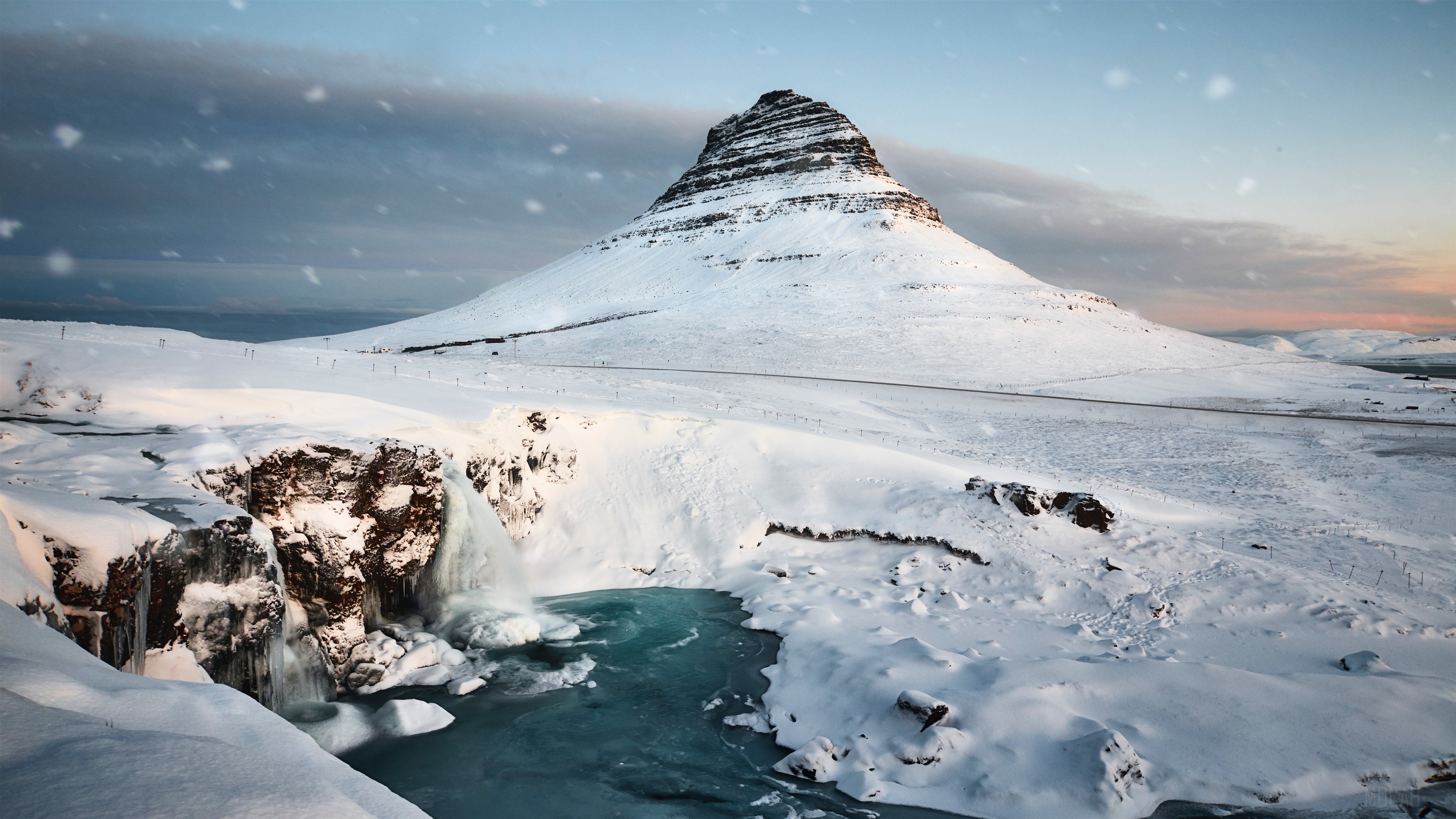 Kirkjufell Mountain in Winter with Snowfall HD Wallpaper