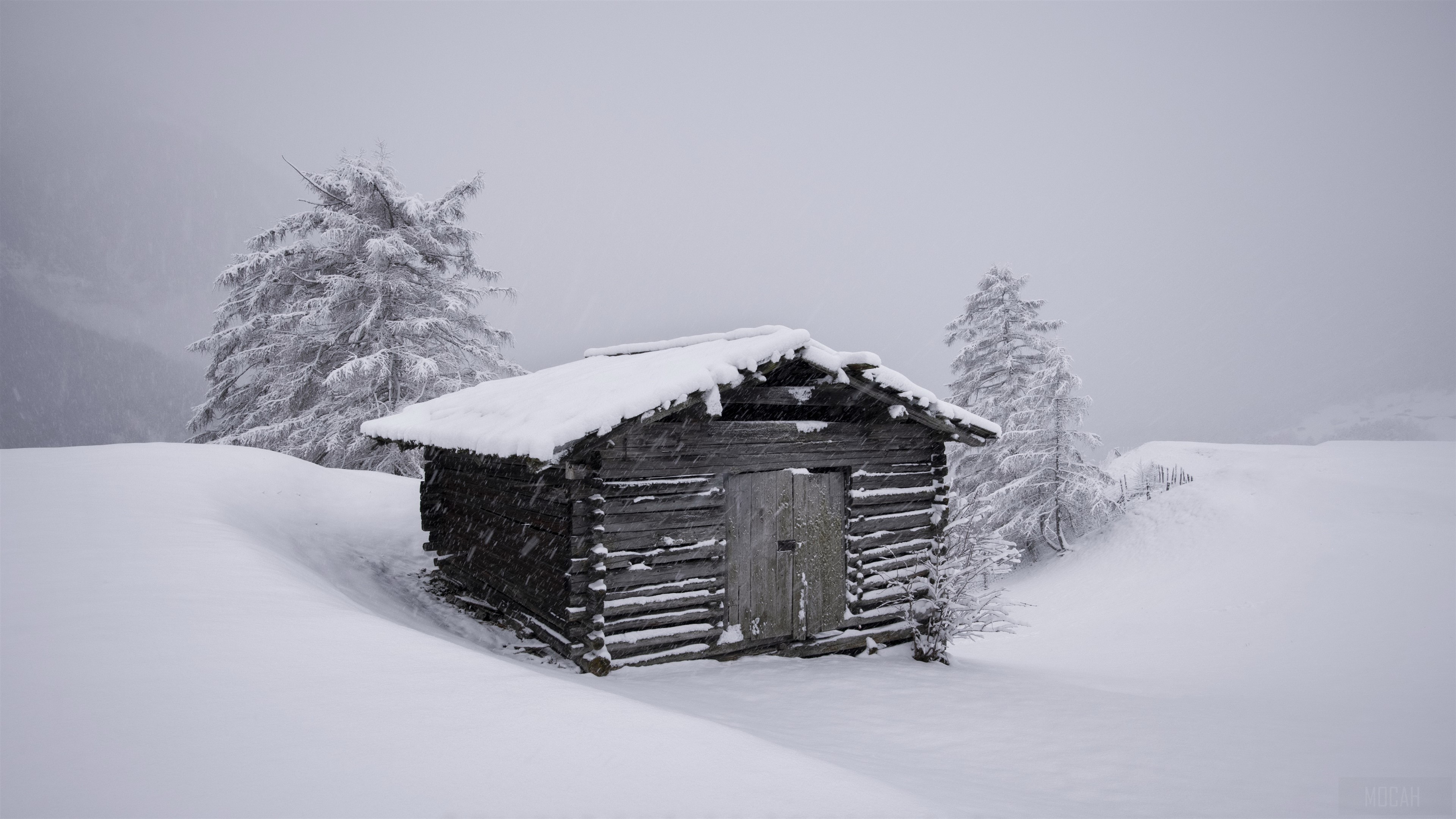 Mountain Hut in Snow 4K HD Wallpaper